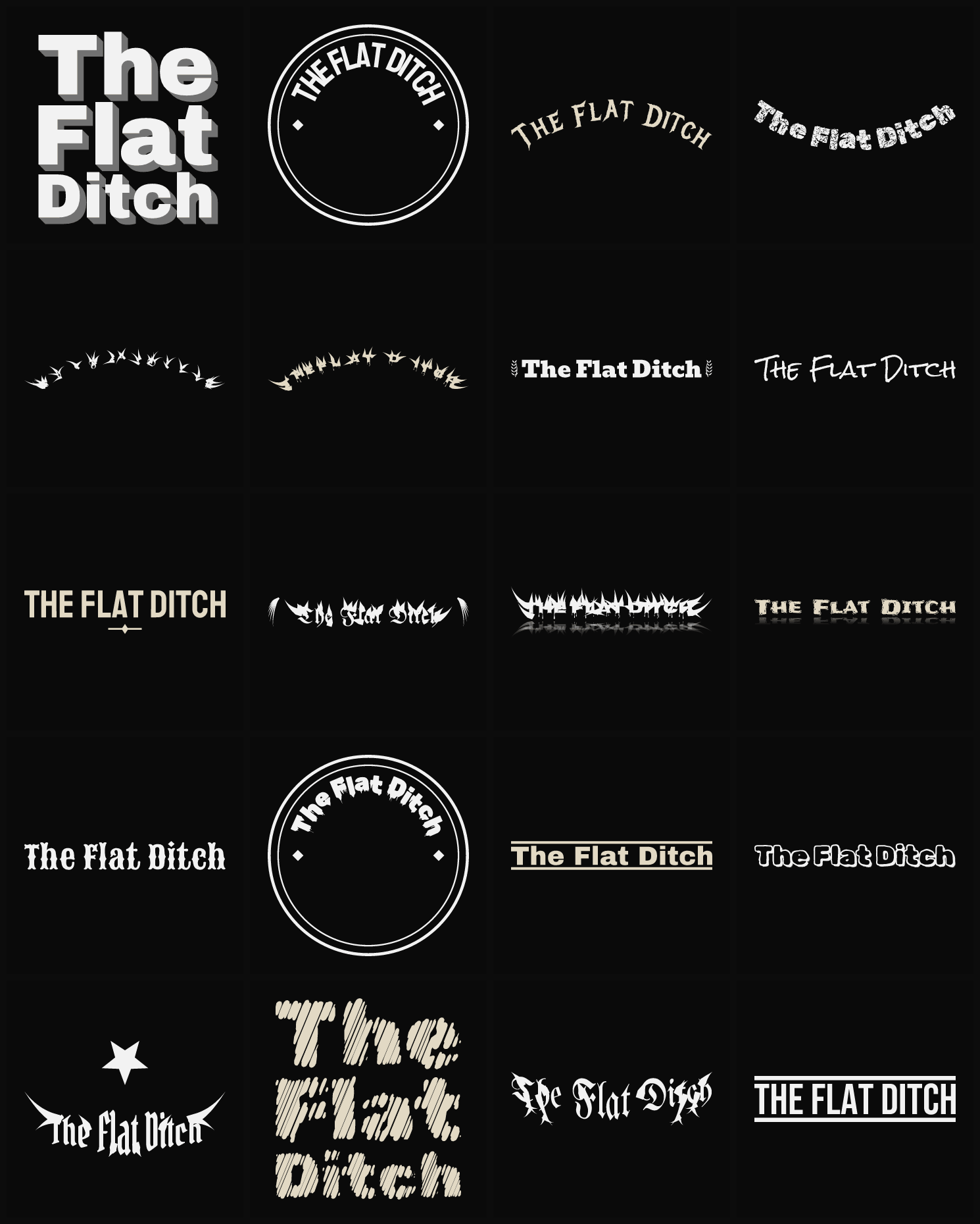 Twenty The Flat Ditch band logo ideas — different faces, treatments and spike settings