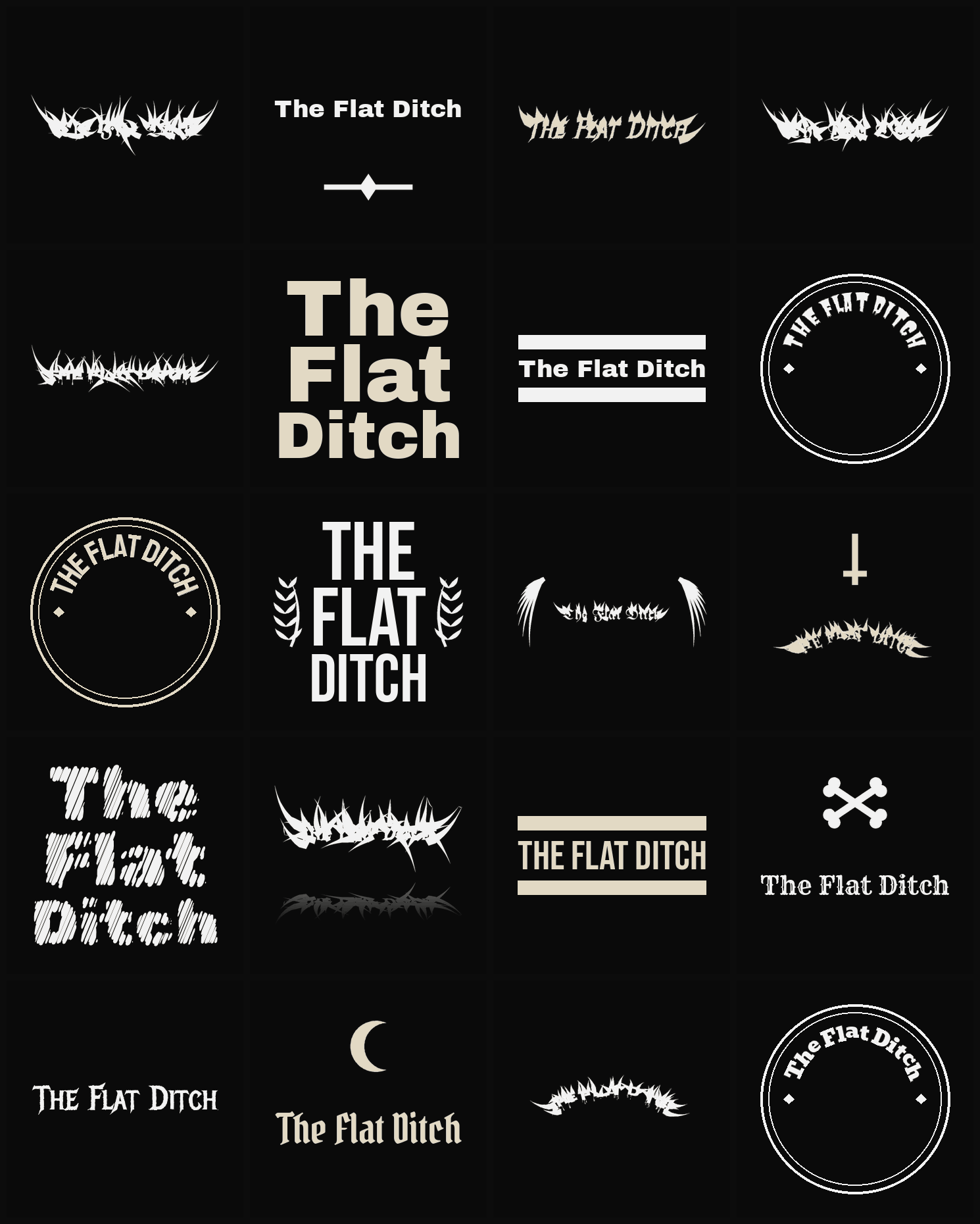 Twenty The Flat Ditch band logo ideas — different faces, treatments and spike settings