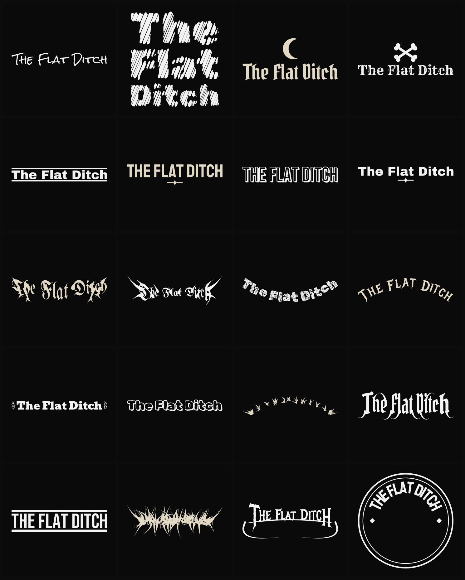 Twenty The Flat Ditch band logo ideas — different faces, treatments and spike settings