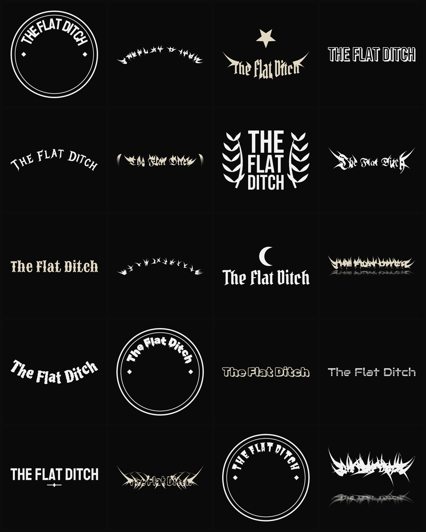 Twenty The Flat Ditch band logo ideas — different faces, treatments and spike settings