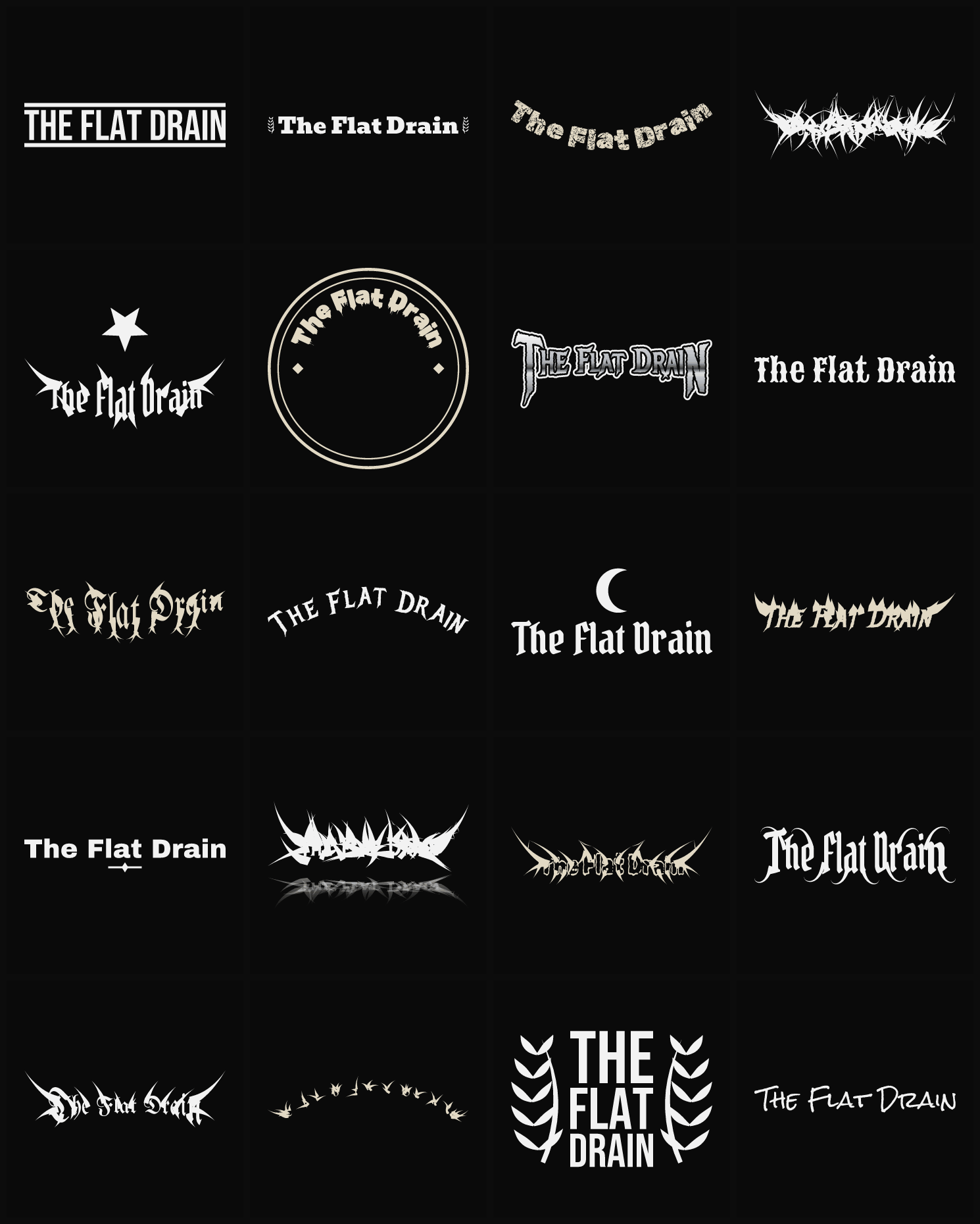 Twenty The Flat Drain band logo ideas — different faces, treatments and spike settings
