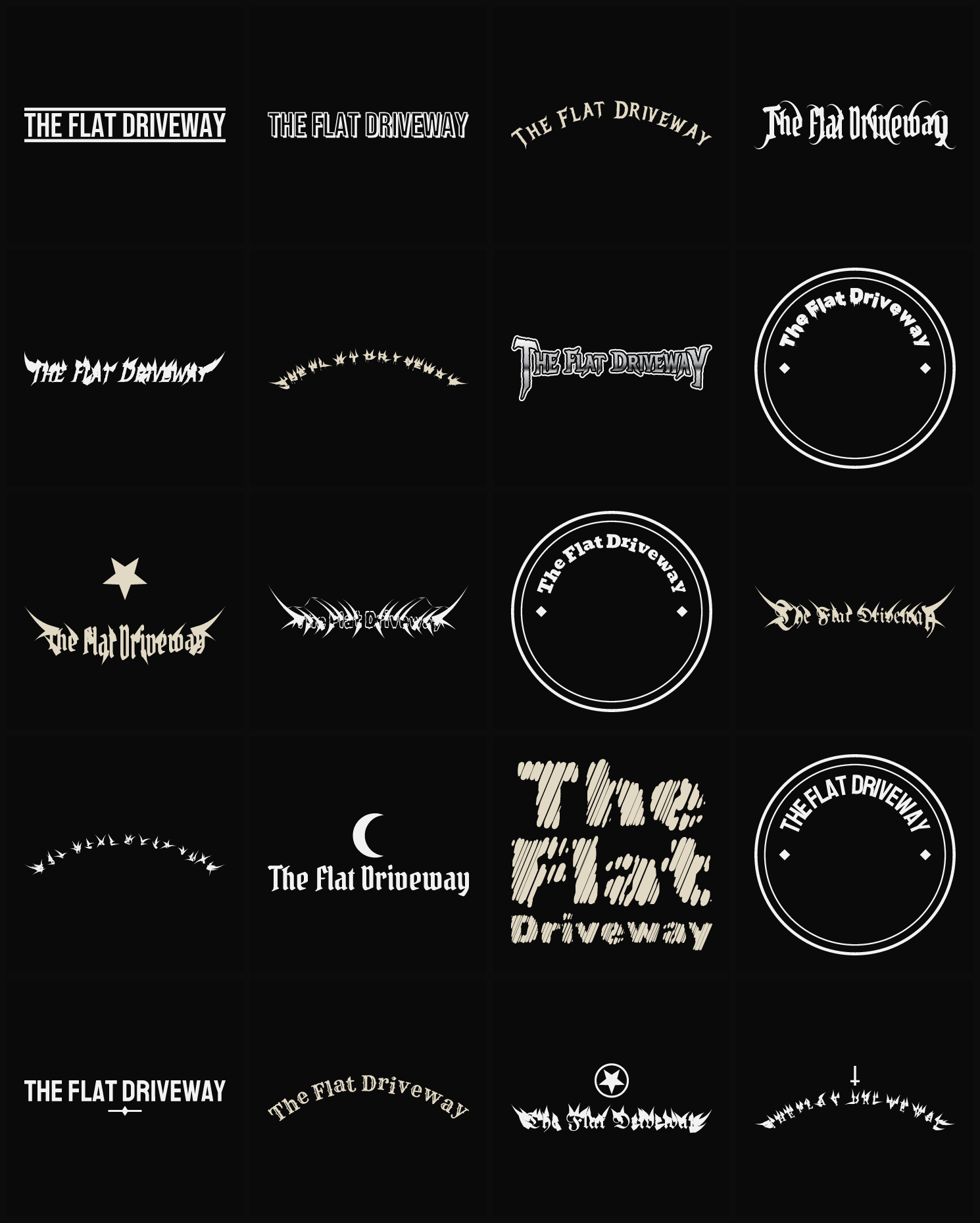 Twenty The Flat Driveway band logo ideas — different faces, treatments and spike settings