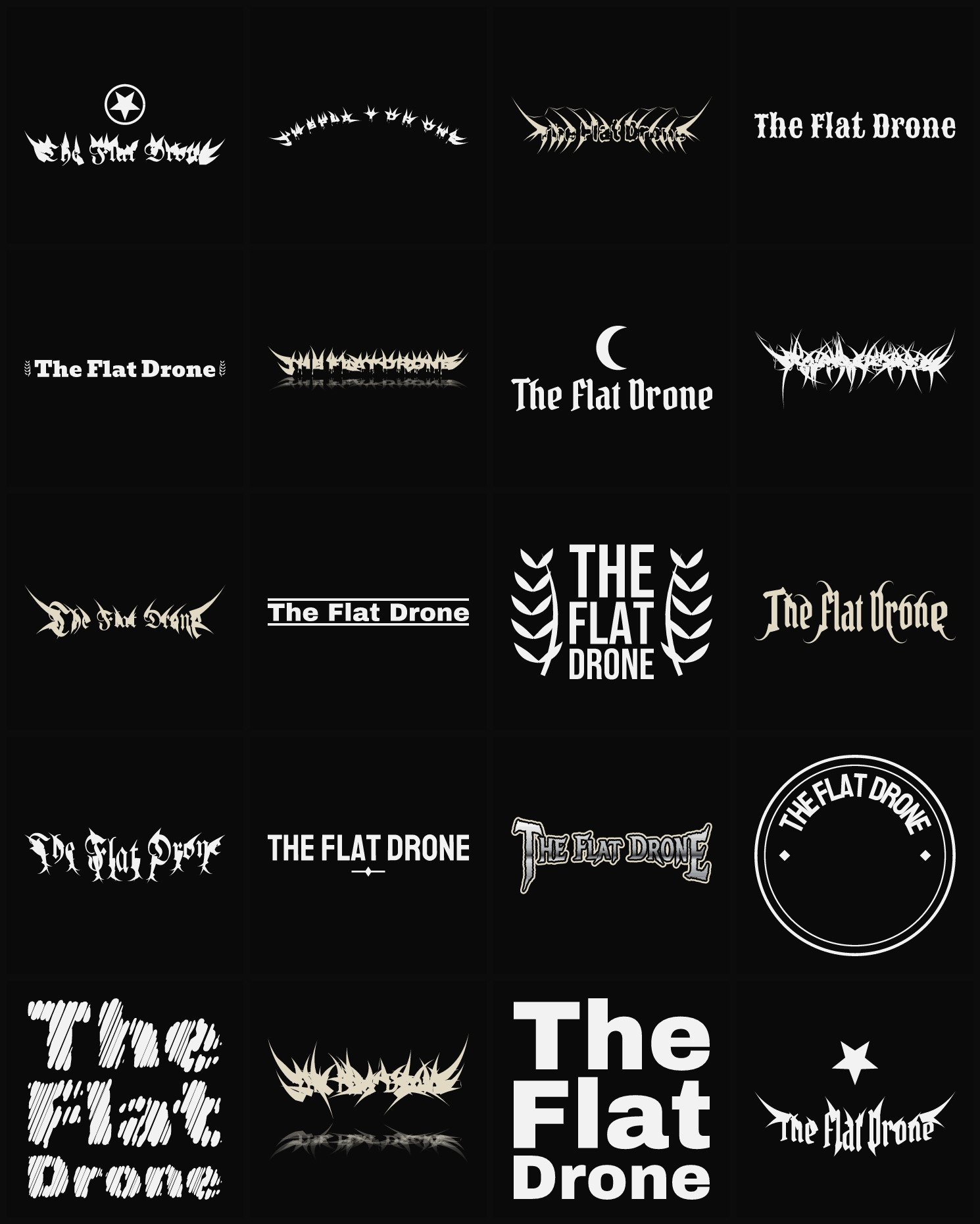 Twenty The Flat Drone band logo ideas — different faces, treatments and spike settings