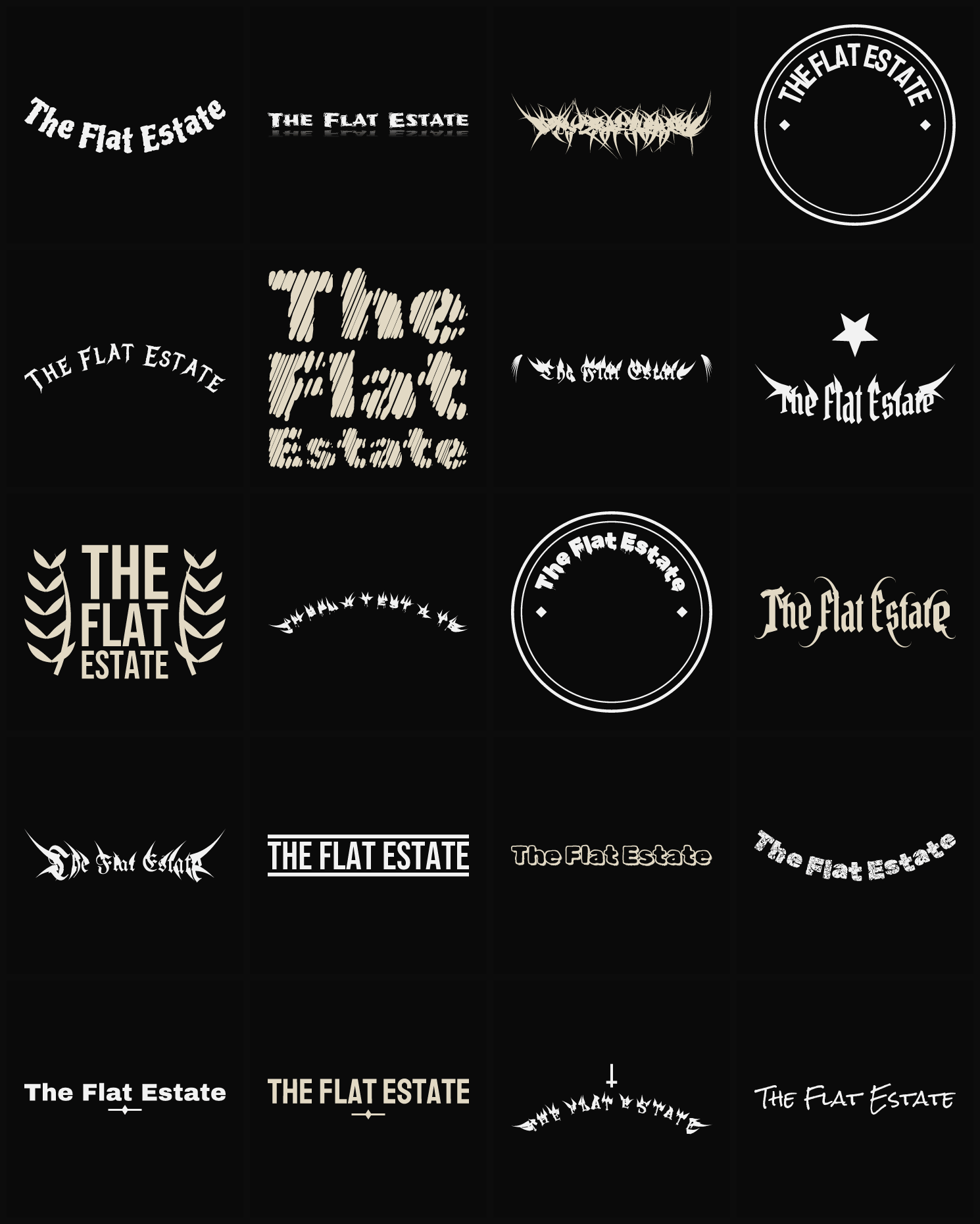 Twenty The Flat Estate band logo ideas — different faces, treatments and spike settings
