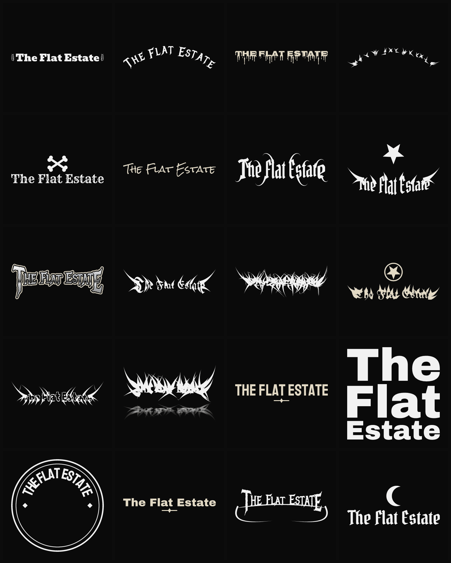 Twenty The Flat Estate band logo ideas — different faces, treatments and spike settings