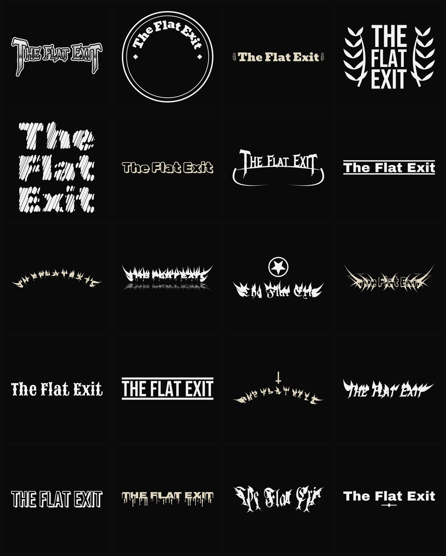 Twenty The Flat Exit band logo ideas — different faces, treatments and spike settings