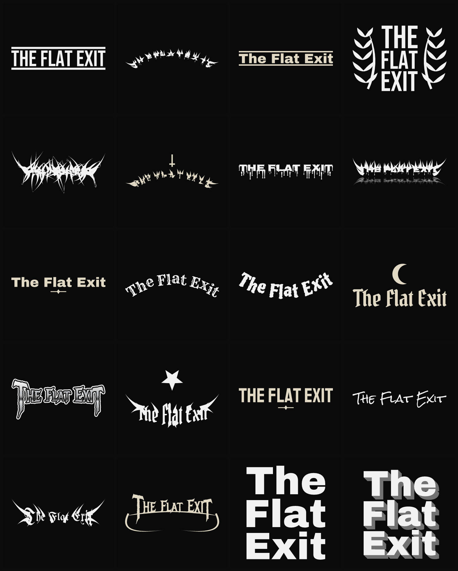 Twenty The Flat Exit band logo ideas — different faces, treatments and spike settings