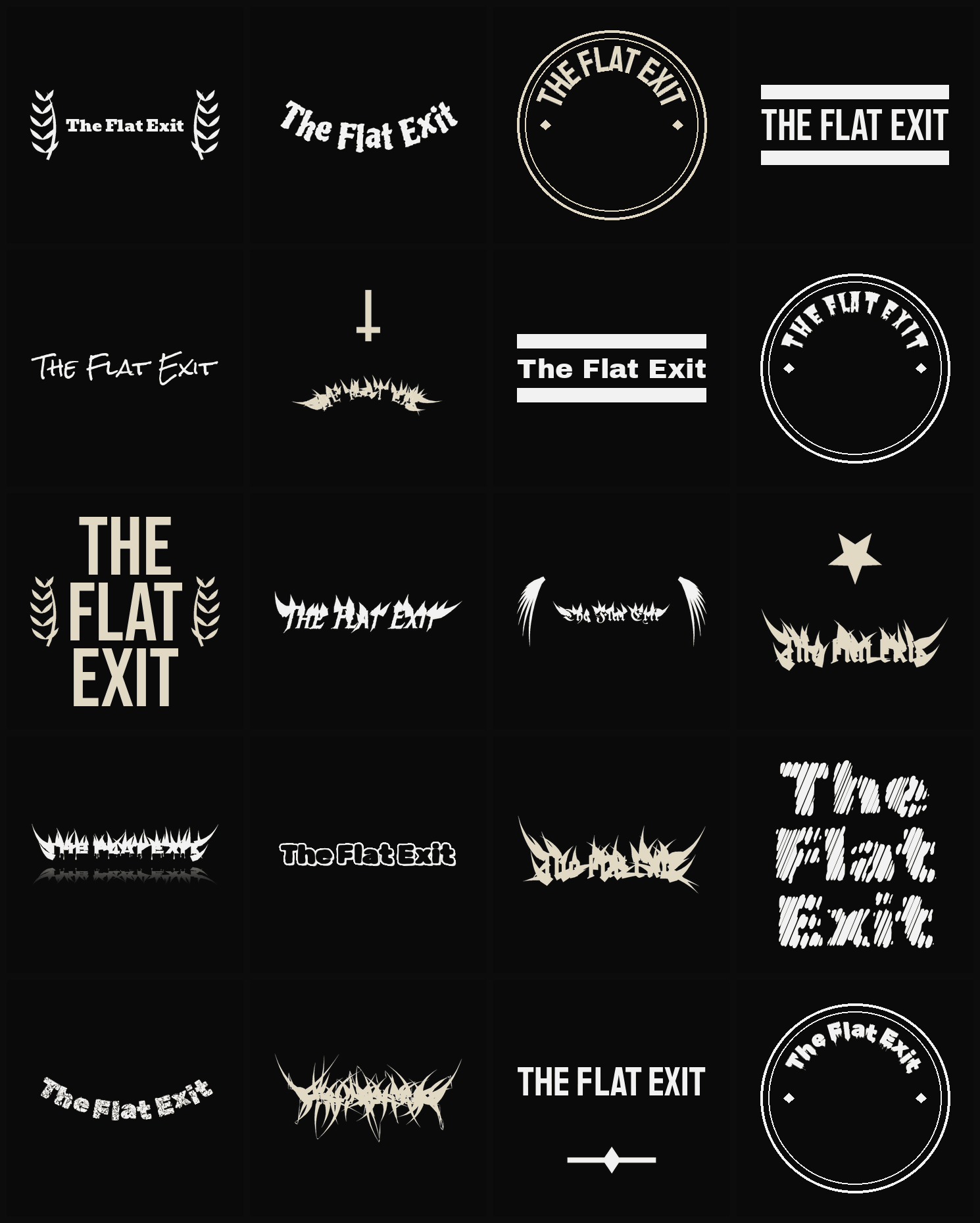 Twenty The Flat Exit band logo ideas — different faces, treatments and spike settings