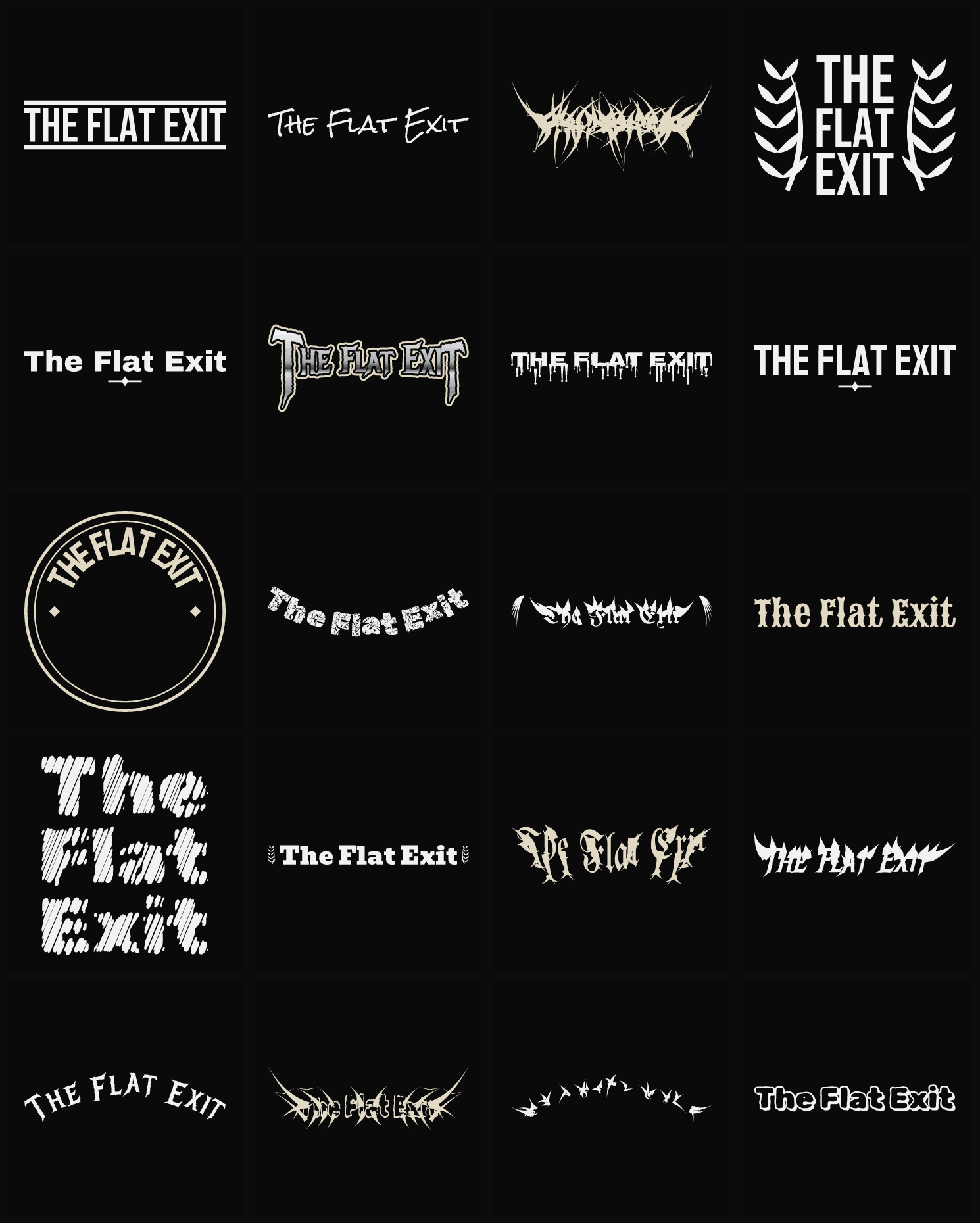 Twenty The Flat Exit band logo ideas — different faces, treatments and spike settings