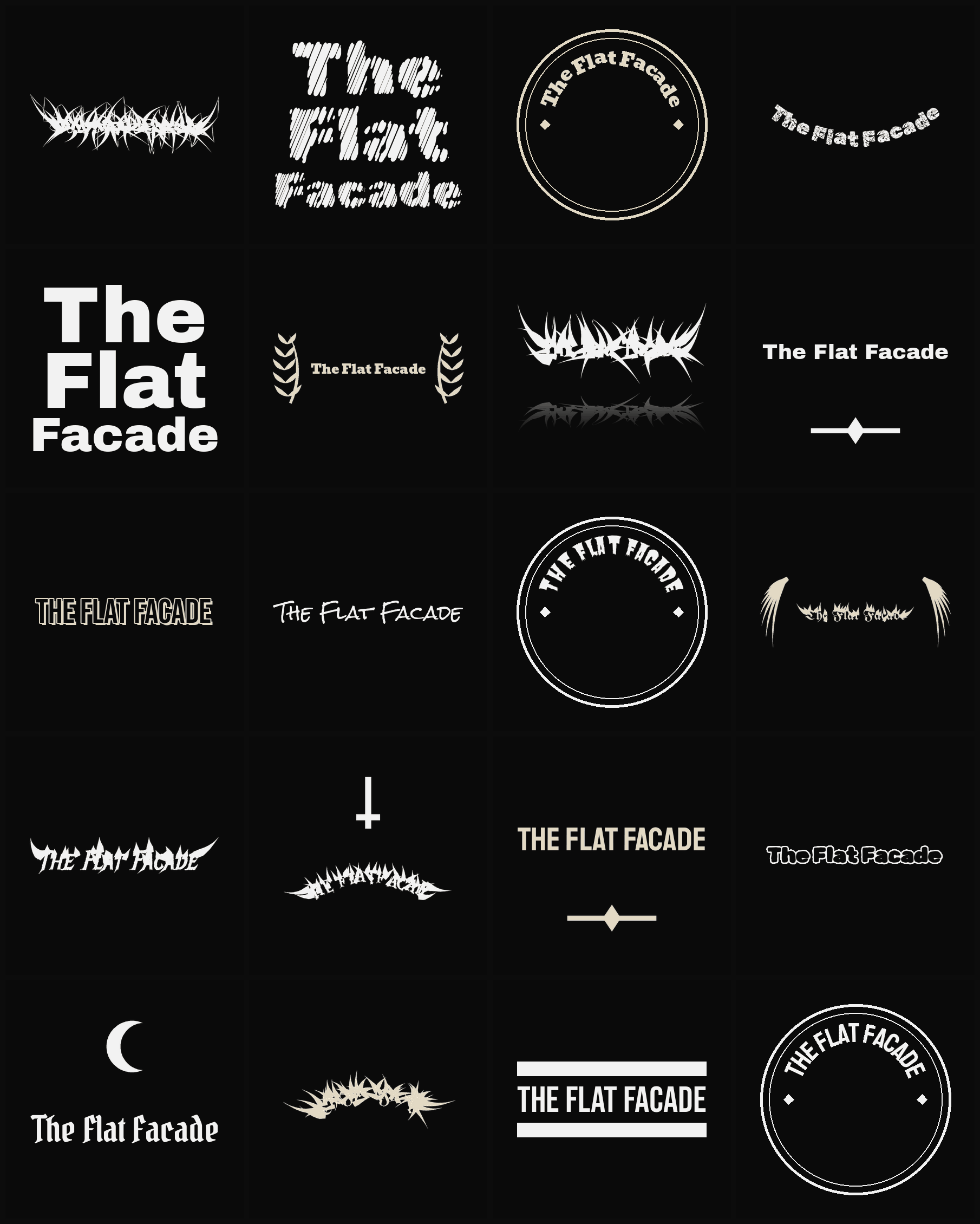 Twenty The Flat Facade band logo ideas — different faces, treatments and spike settings