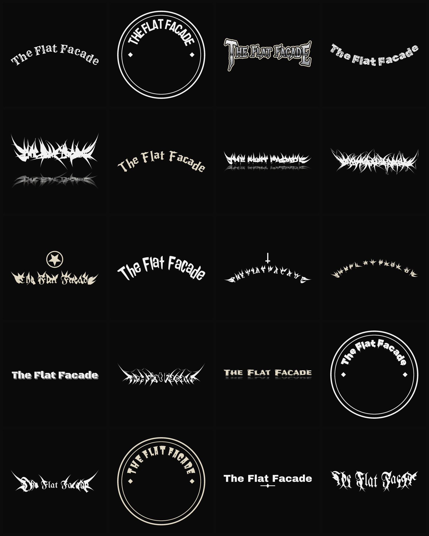 Twenty The Flat Facade band logo ideas — different faces, treatments and spike settings