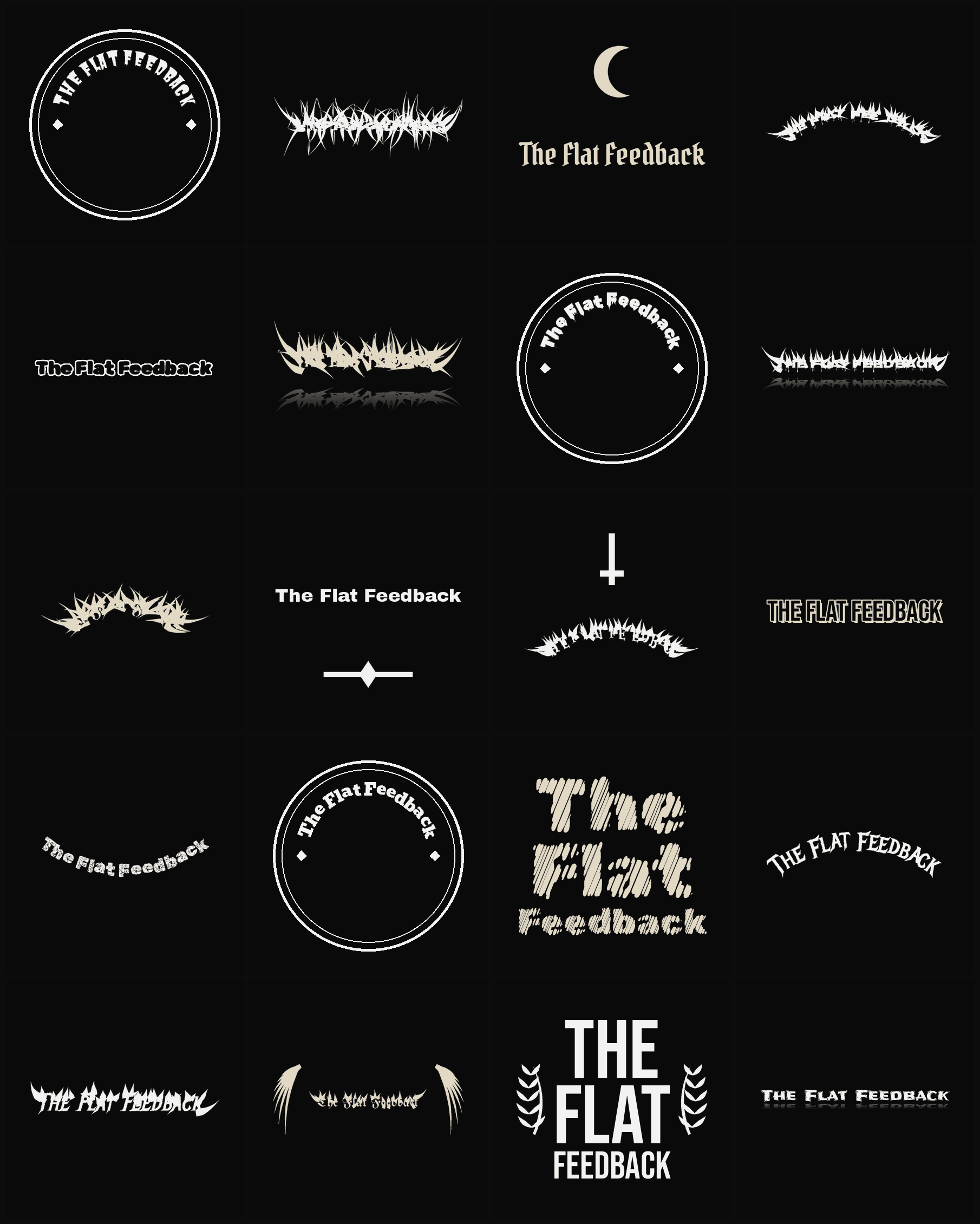 Twenty The Flat Feedback band logo ideas — different faces, treatments and spike settings