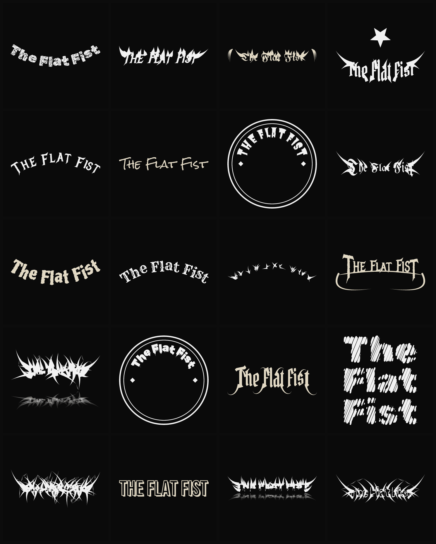 Twenty The Flat Fist band logo ideas — different faces, treatments and spike settings