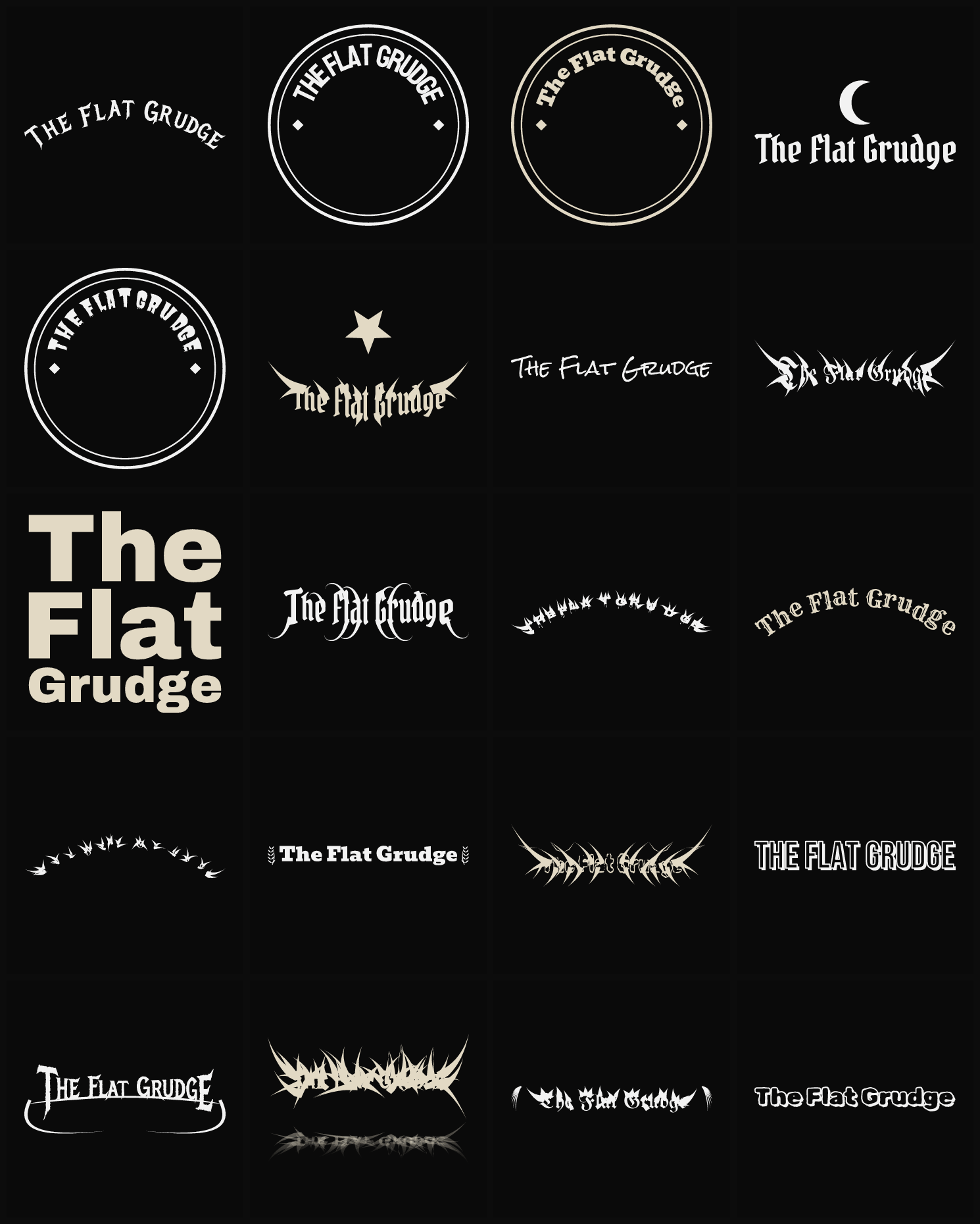 Twenty The Flat Grudge band logo ideas — different faces, treatments and spike settings