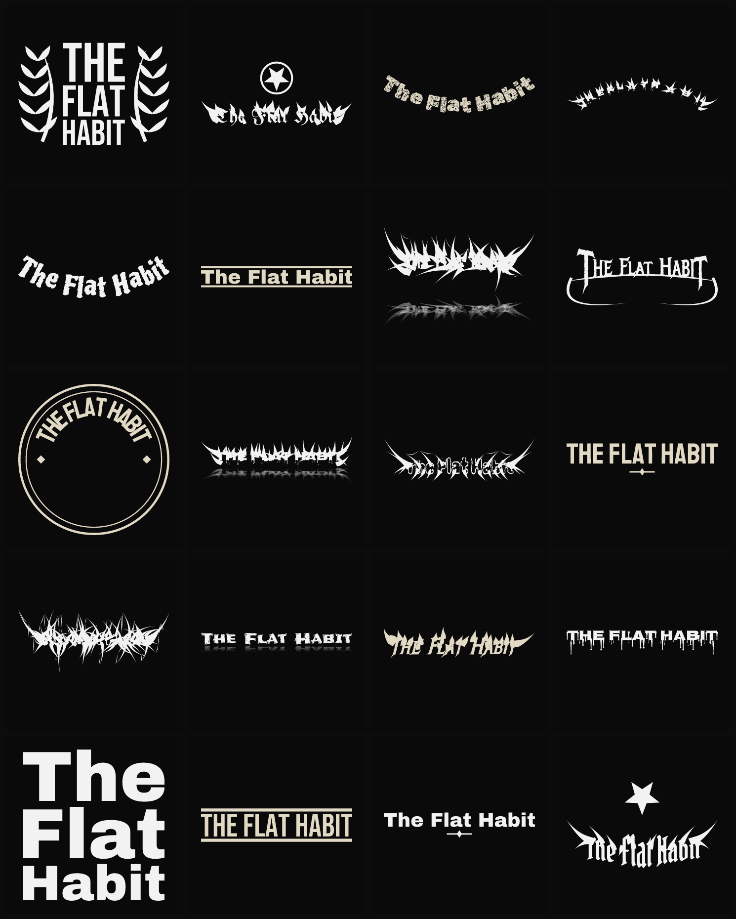 Twenty The Flat Habit band logo ideas — different faces, treatments and spike settings