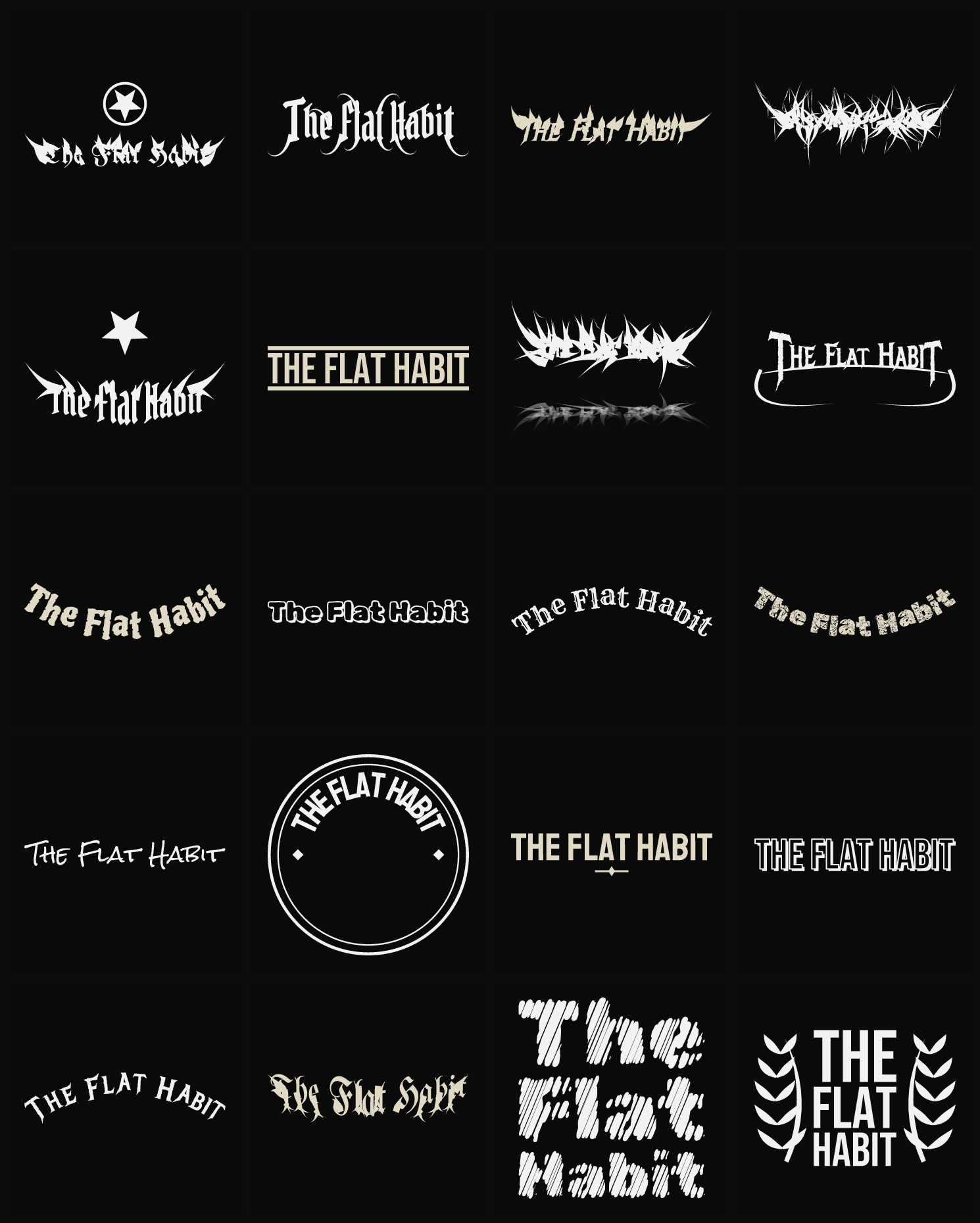 Twenty The Flat Habit band logo ideas — different faces, treatments and spike settings