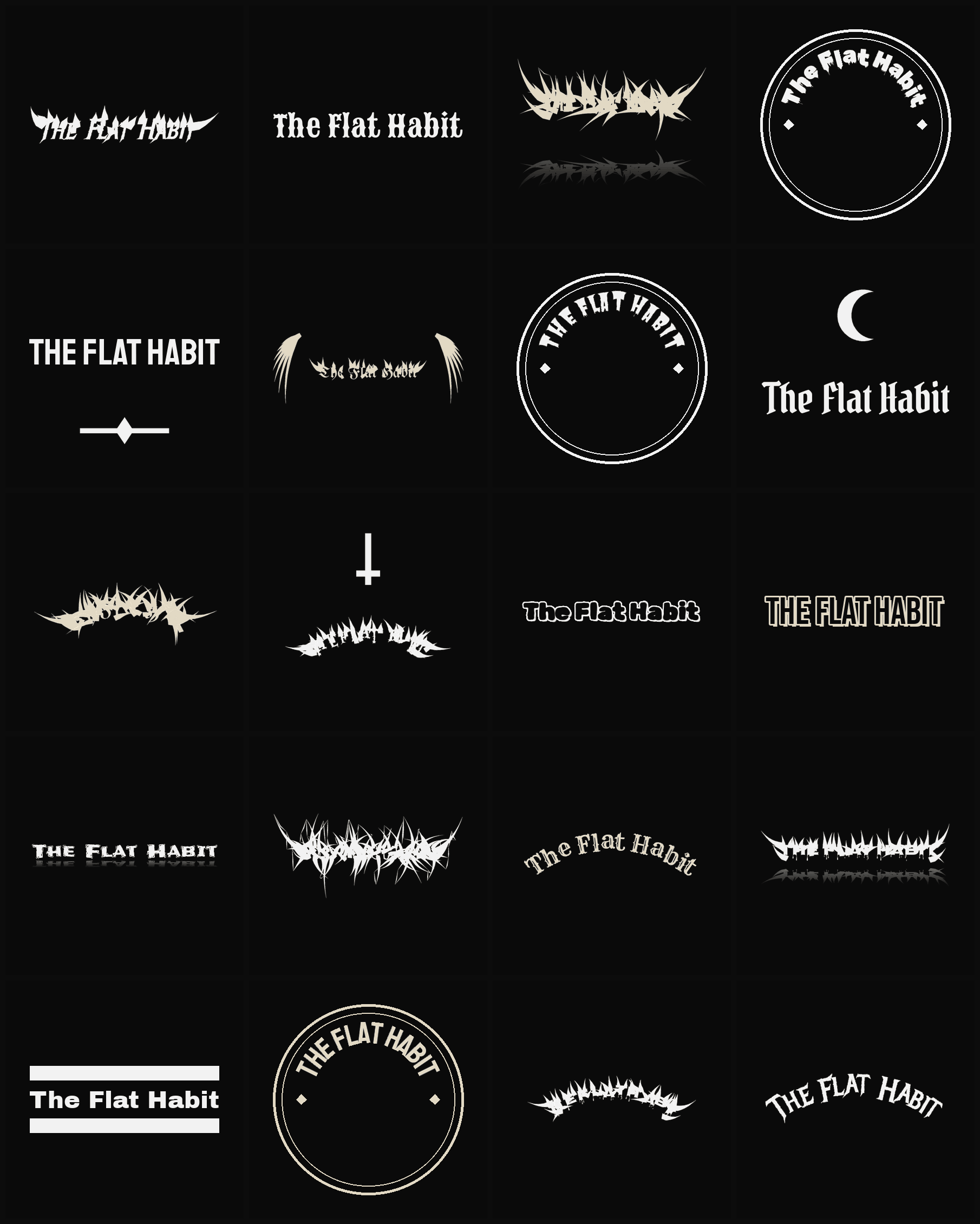 Twenty The Flat Habit band logo ideas — different faces, treatments and spike settings