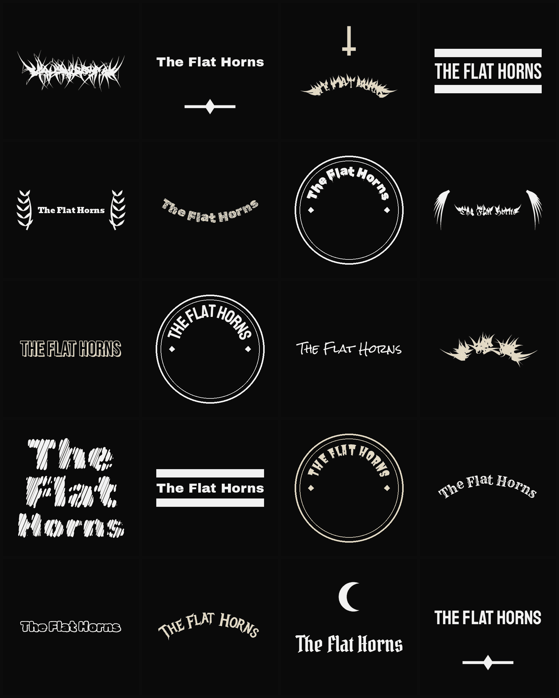Twenty The Flat Horns band logo ideas — different faces, treatments and spike settings