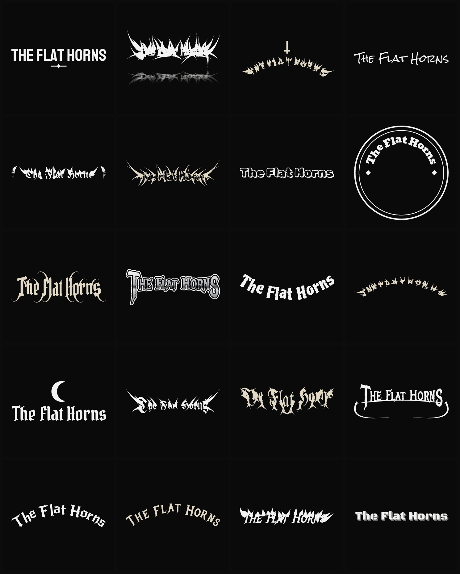 Twenty The Flat Horns band logo ideas — different faces, treatments and spike settings