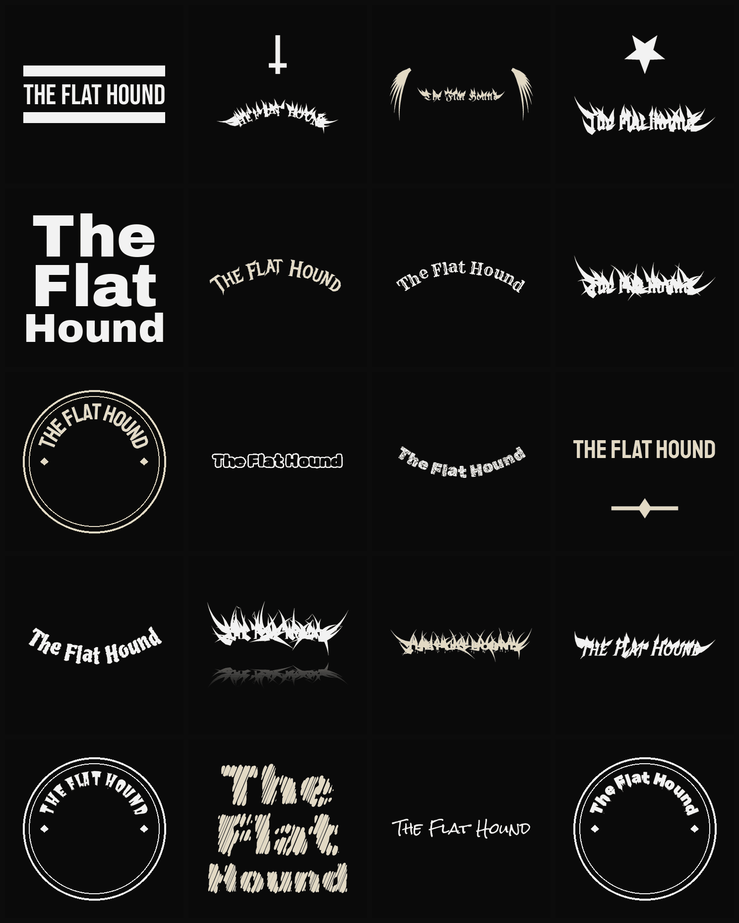 Twenty The Flat Hound band logo ideas — different faces, treatments and spike settings