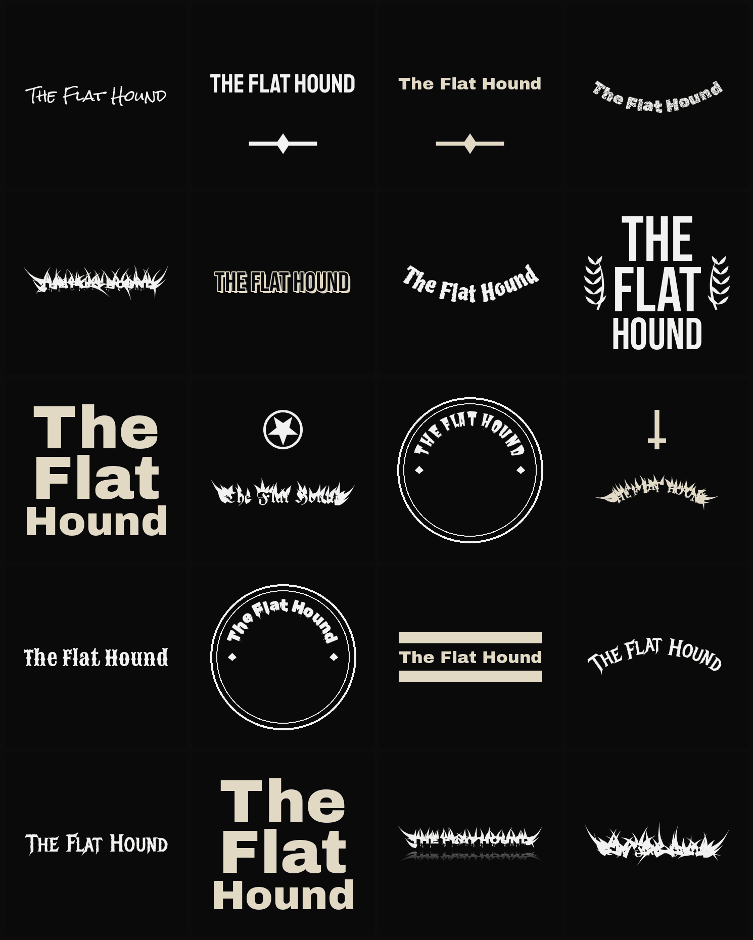 Twenty The Flat Hound band logo ideas — different faces, treatments and spike settings