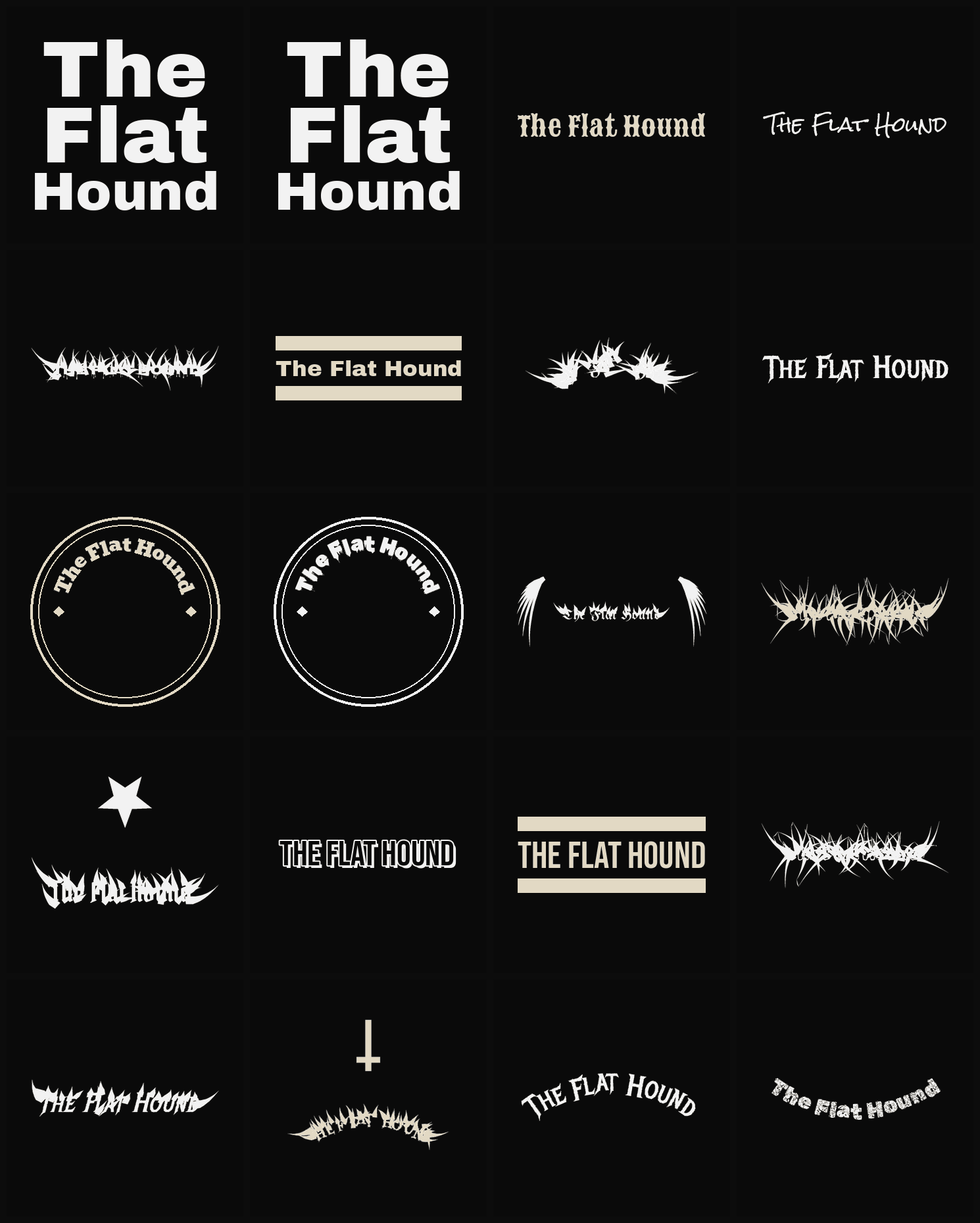 Twenty The Flat Hound band logo ideas — different faces, treatments and spike settings