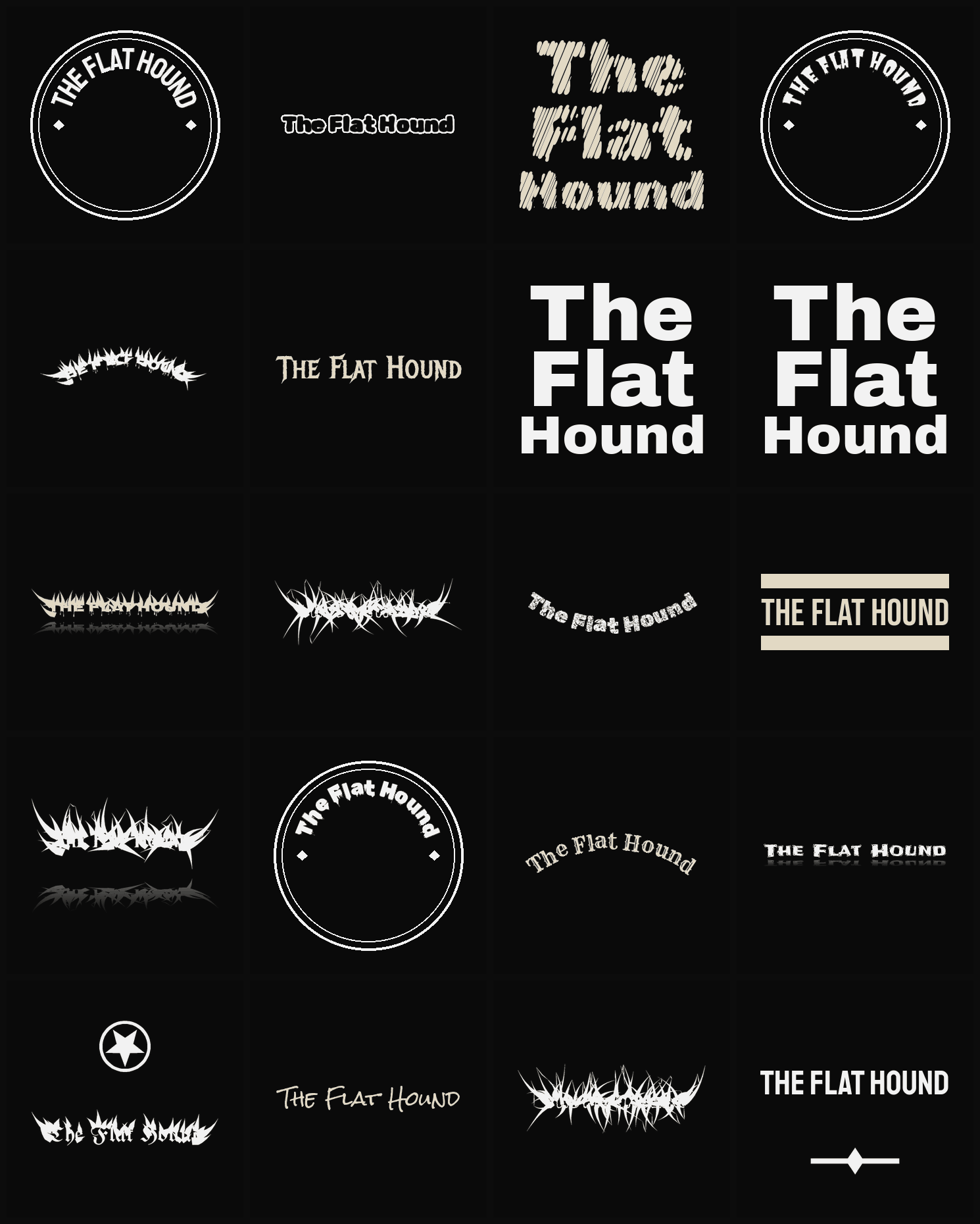 Twenty The Flat Hound band logo ideas — different faces, treatments and spike settings