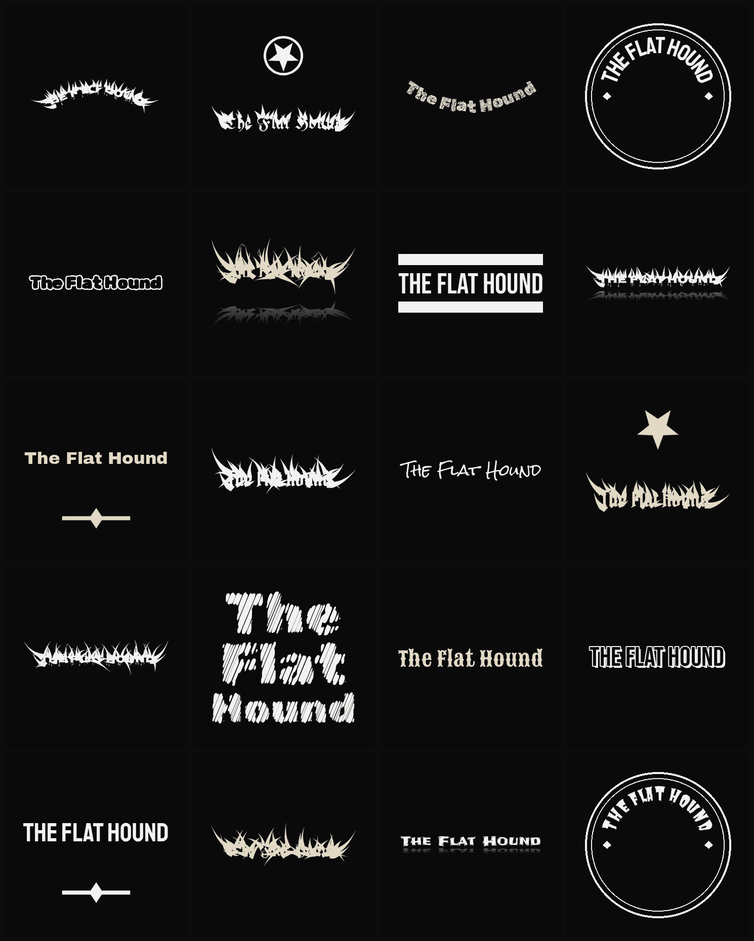 Twenty The Flat Hound band logo ideas — different faces, treatments and spike settings