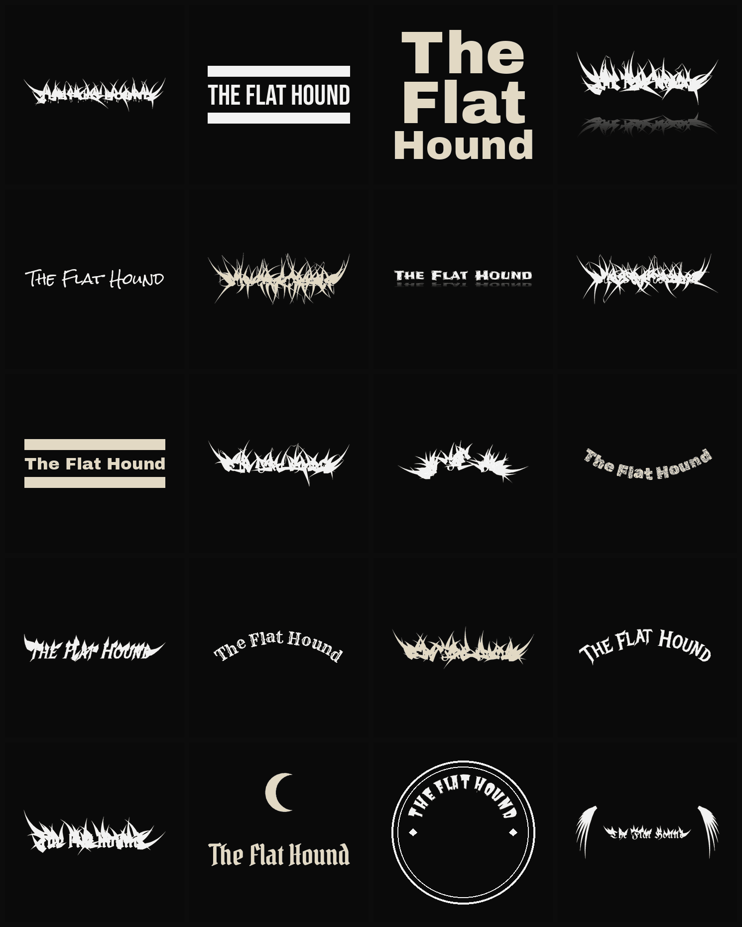 Twenty The Flat Hound band logo ideas — different faces, treatments and spike settings