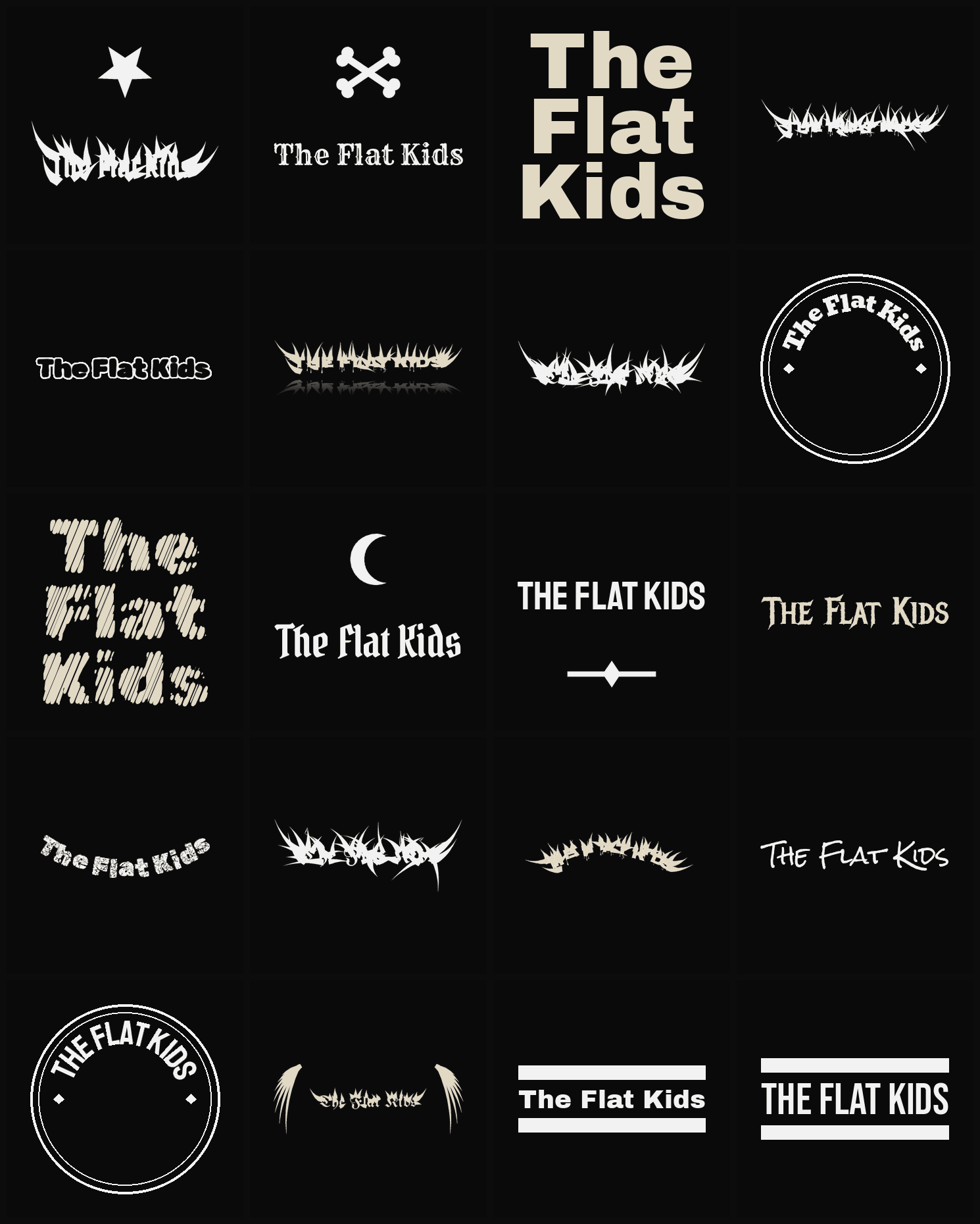 Twenty The Flat Kids band logo ideas — different faces, treatments and spike settings