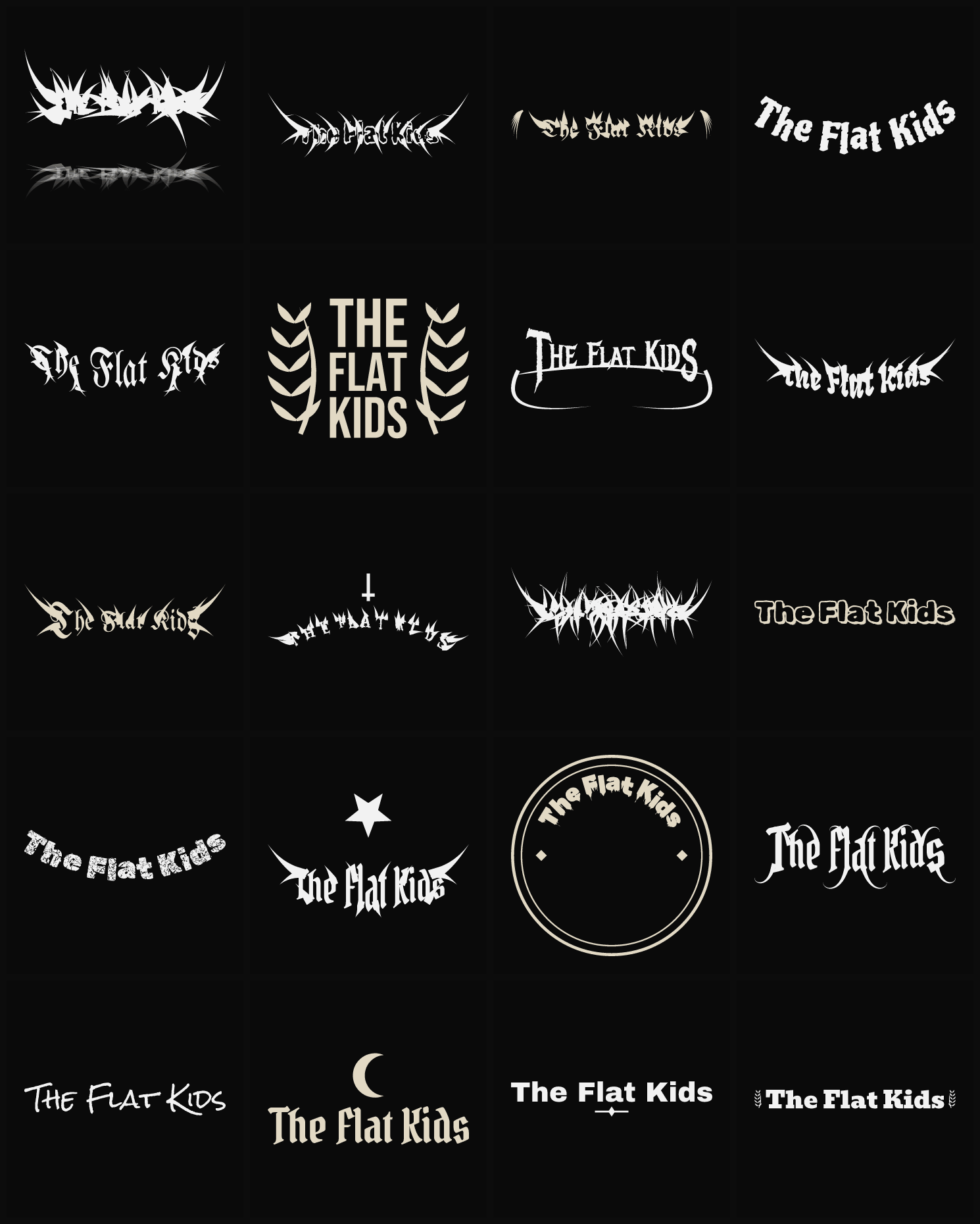 Twenty The Flat Kids band logo ideas — different faces, treatments and spike settings