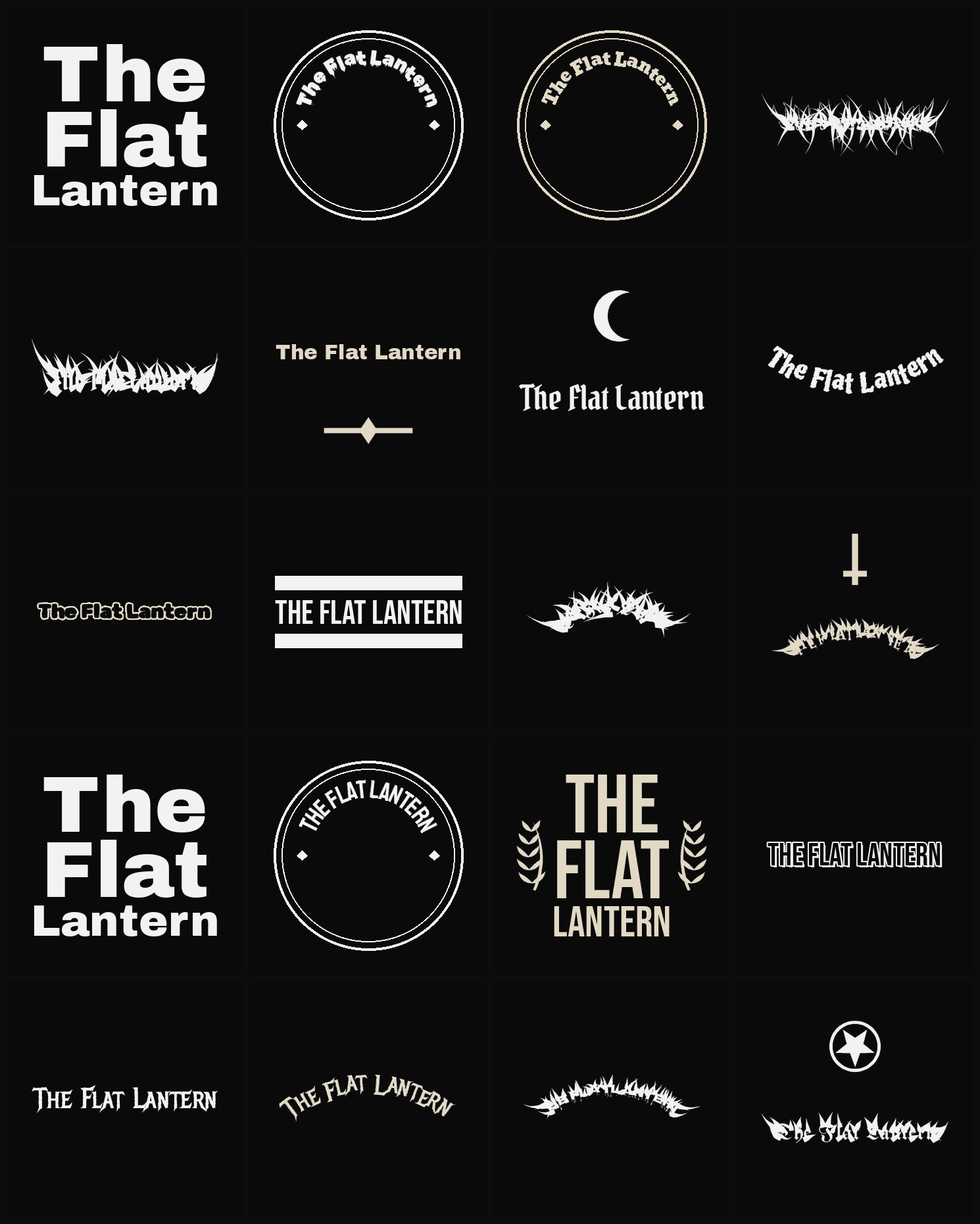 Twenty The Flat Lantern band logo ideas — different faces, treatments and spike settings