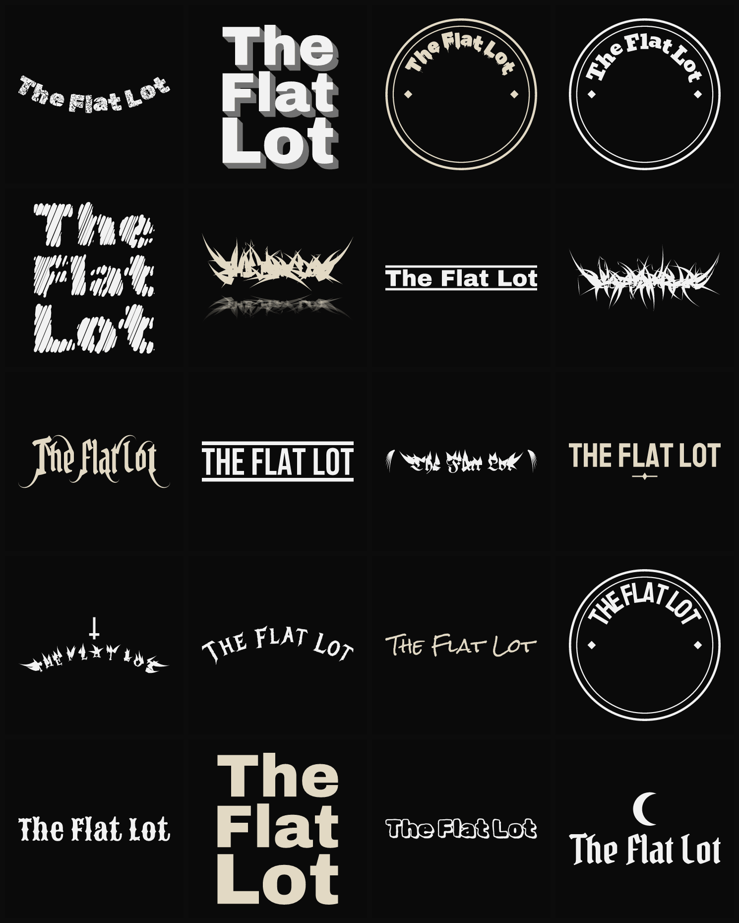 Twenty The Flat Lot band logo ideas — different faces, treatments and spike settings