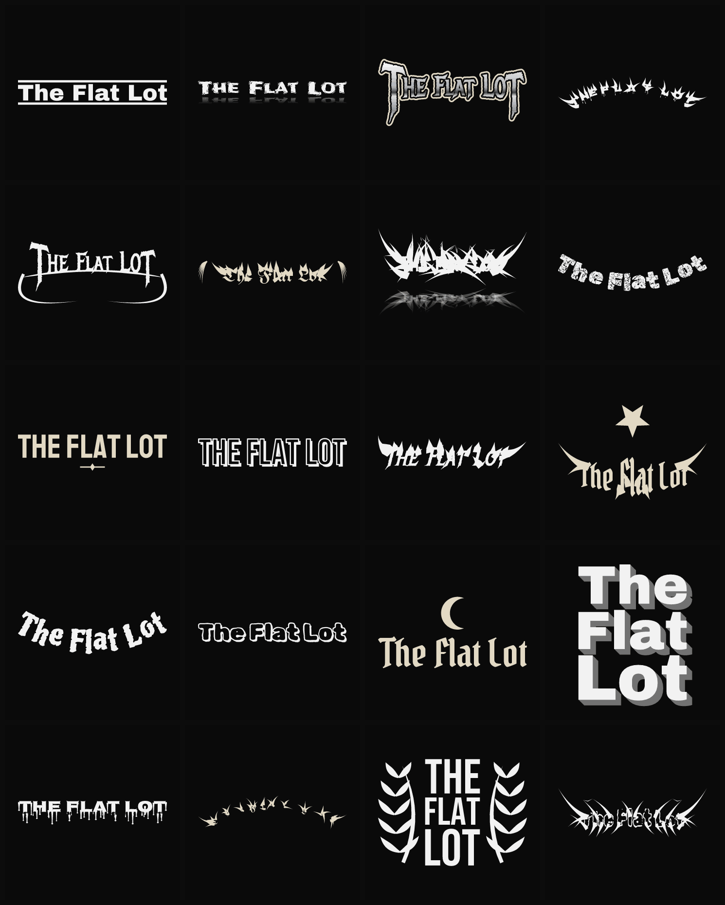 Twenty The Flat Lot band logo ideas — different faces, treatments and spike settings