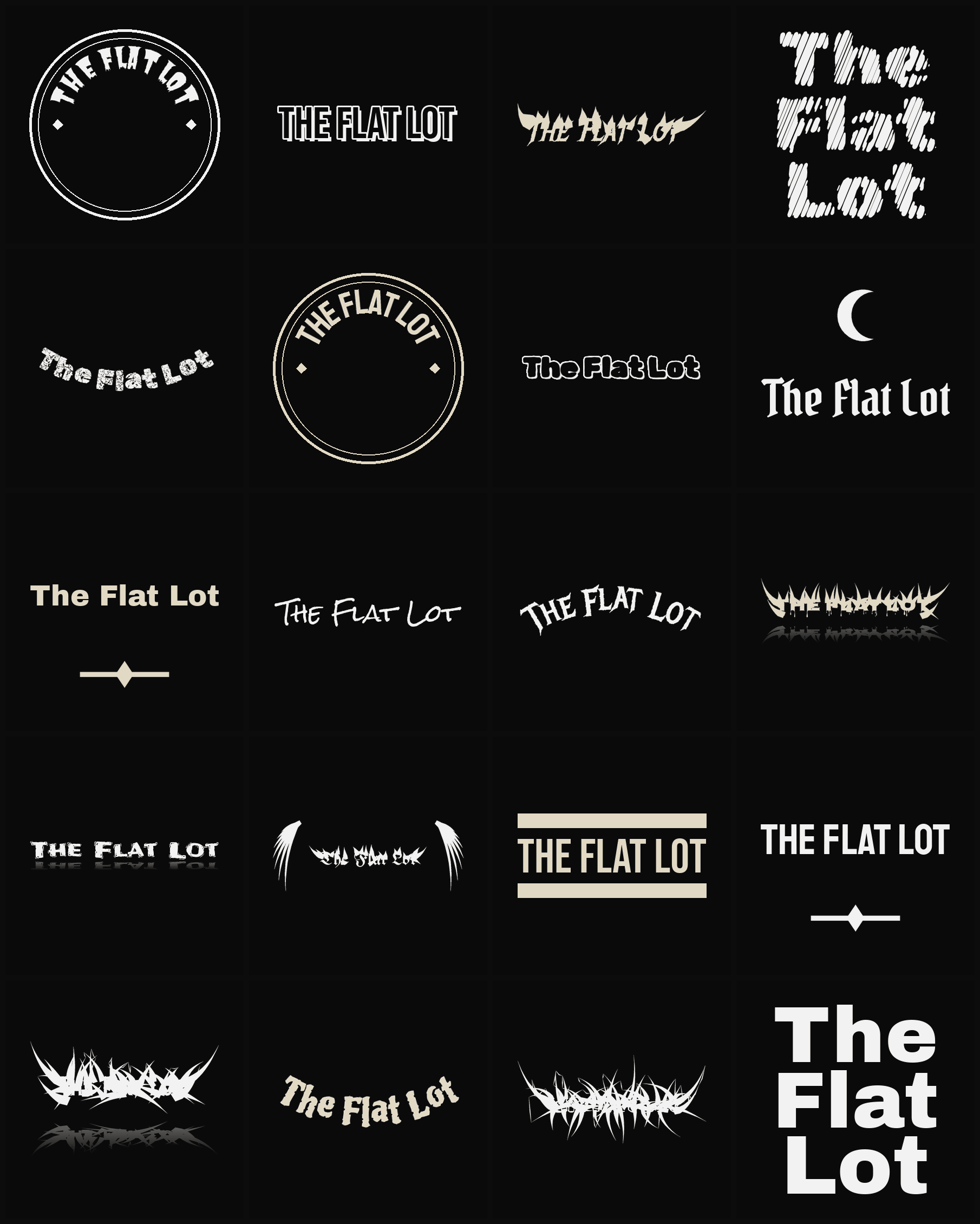 Twenty The Flat Lot band logo ideas — different faces, treatments and spike settings
