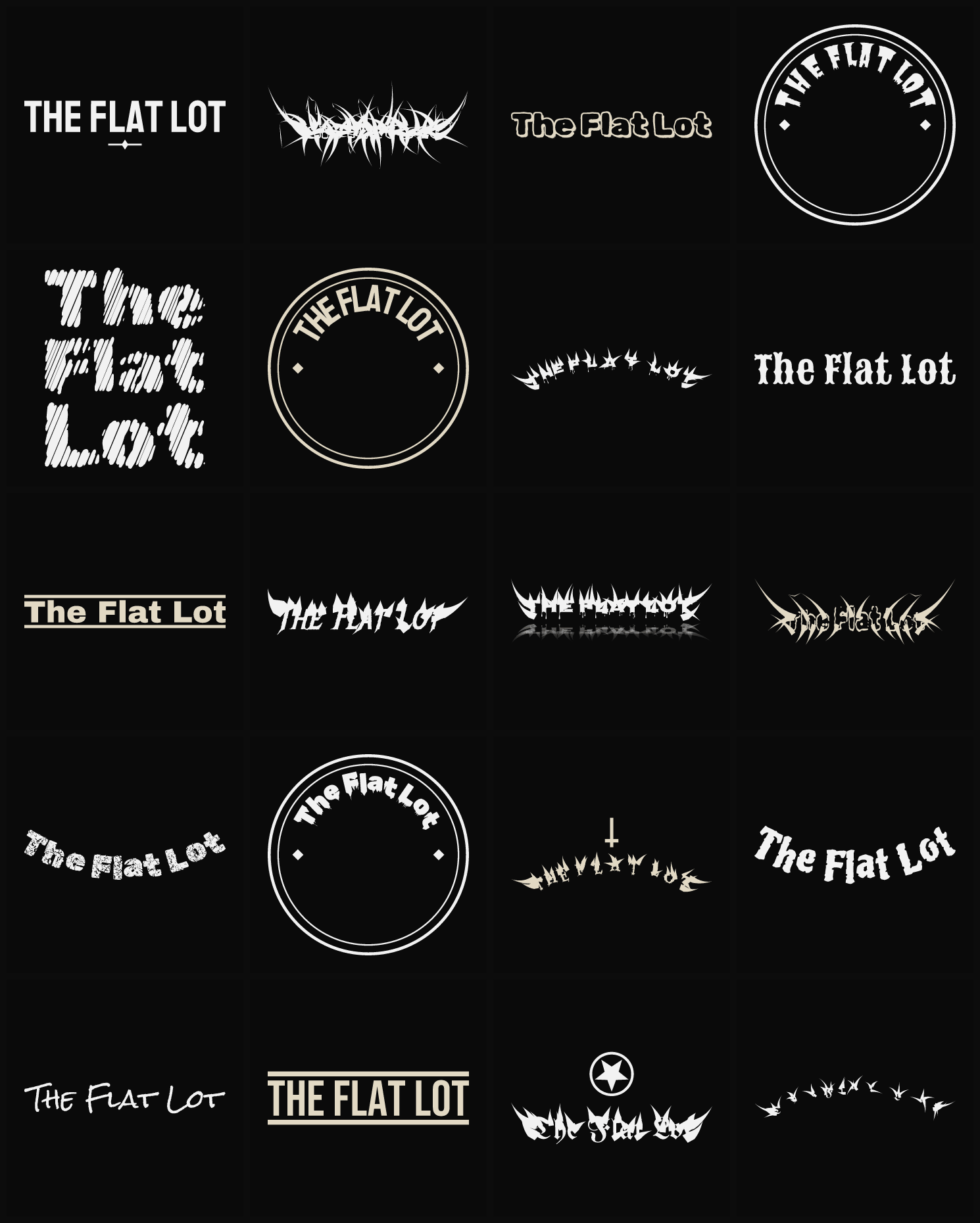 Twenty The Flat Lot band logo ideas — different faces, treatments and spike settings