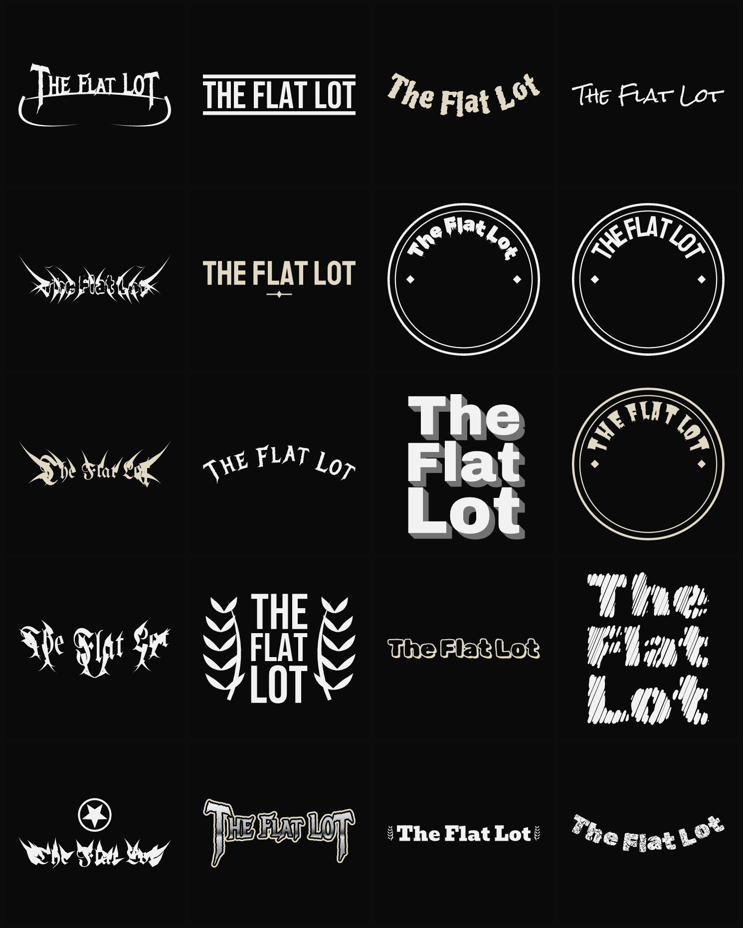 Twenty The Flat Lot band logo ideas — different faces, treatments and spike settings
