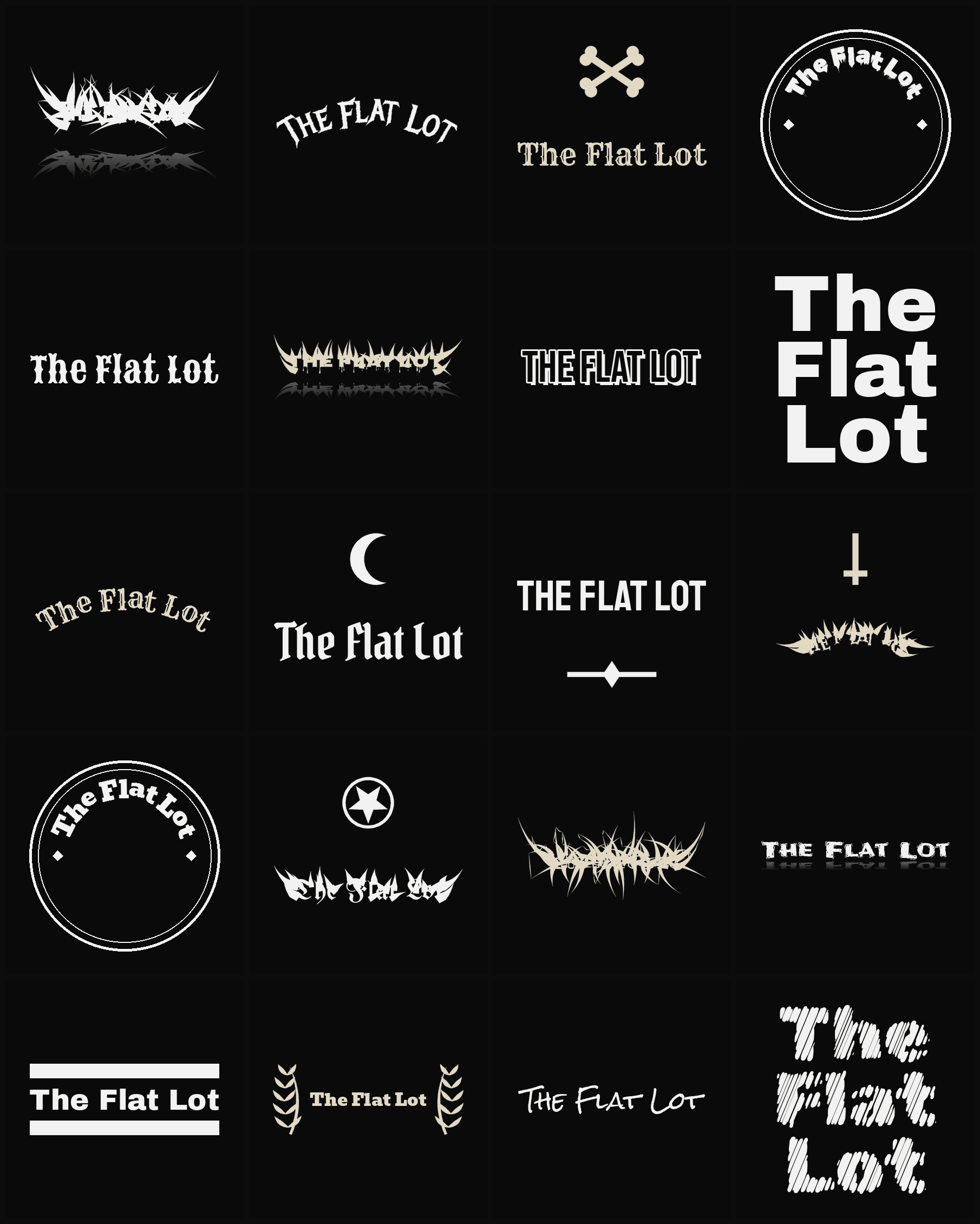 Twenty The Flat Lot band logo ideas — different faces, treatments and spike settings