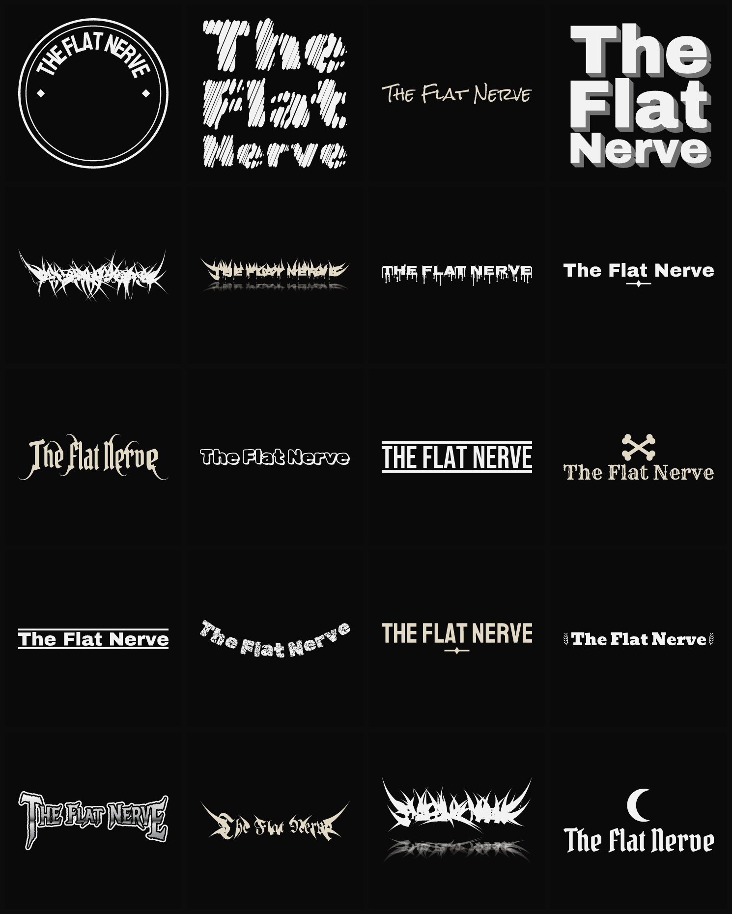 Twenty The Flat Nerve band logo ideas — different faces, treatments and spike settings