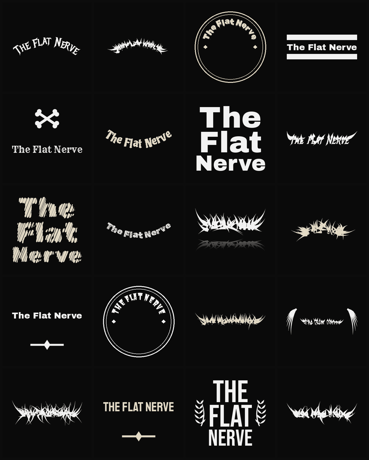 Twenty The Flat Nerve band logo ideas — different faces, treatments and spike settings