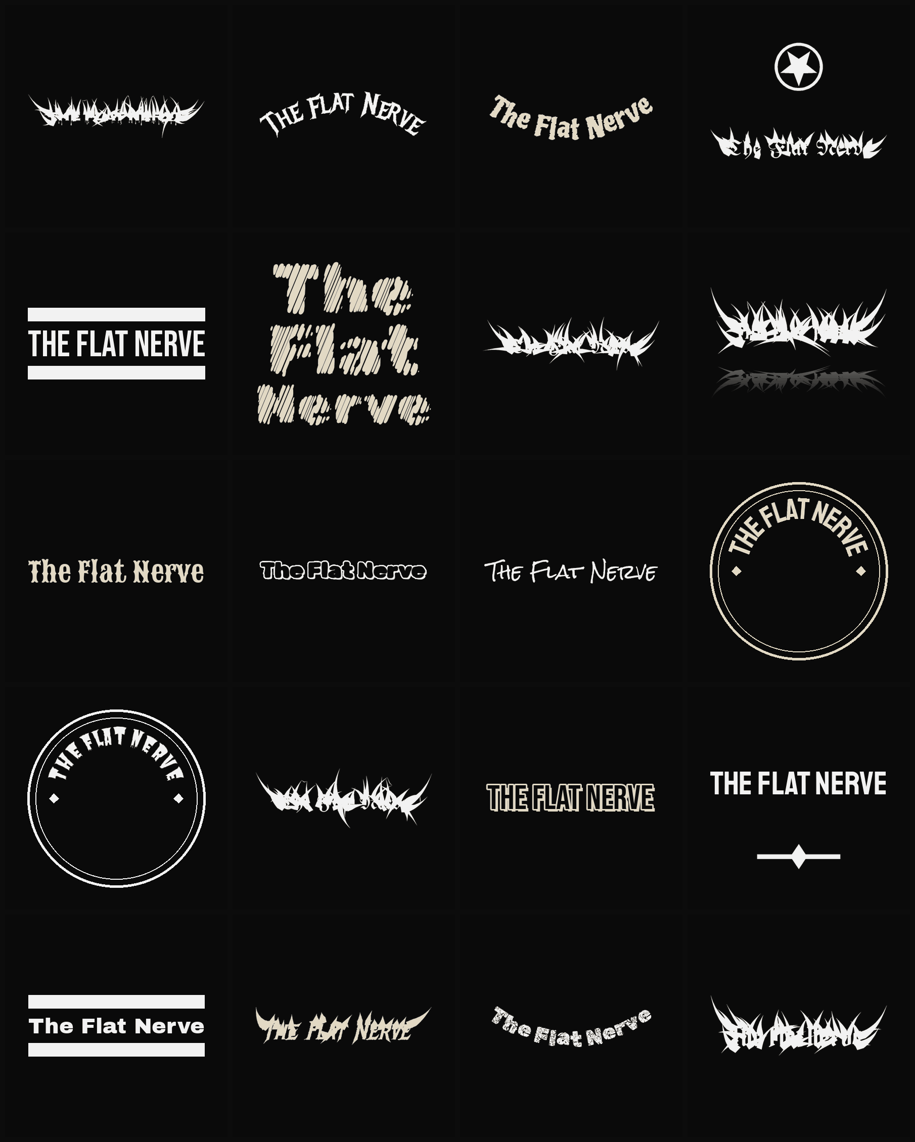Twenty The Flat Nerve band logo ideas — different faces, treatments and spike settings