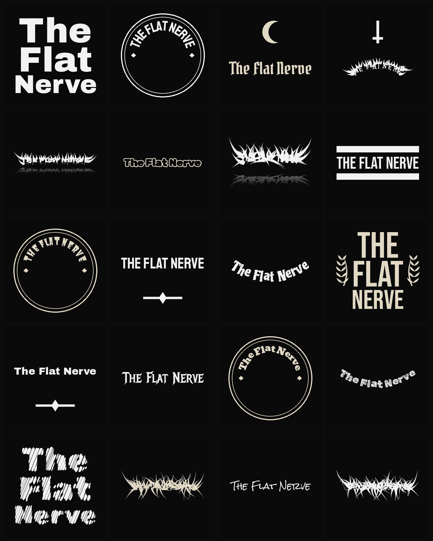 Twenty The Flat Nerve band logo ideas — different faces, treatments and spike settings
