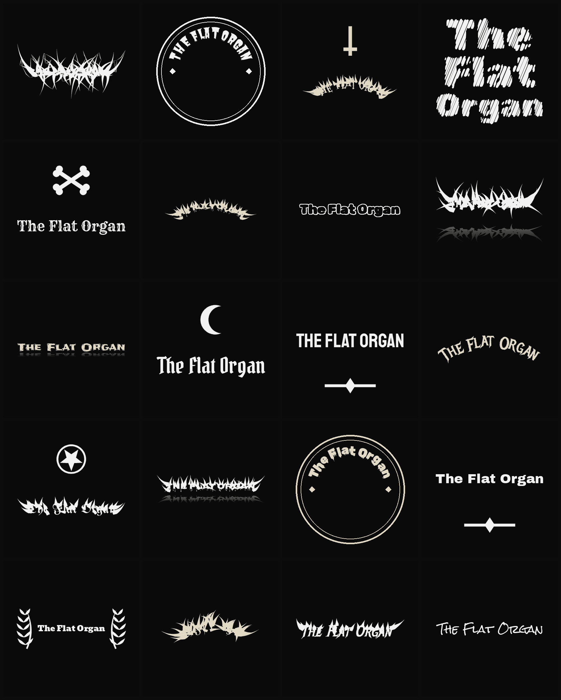 Twenty The Flat Organ band logo ideas — different faces, treatments and spike settings