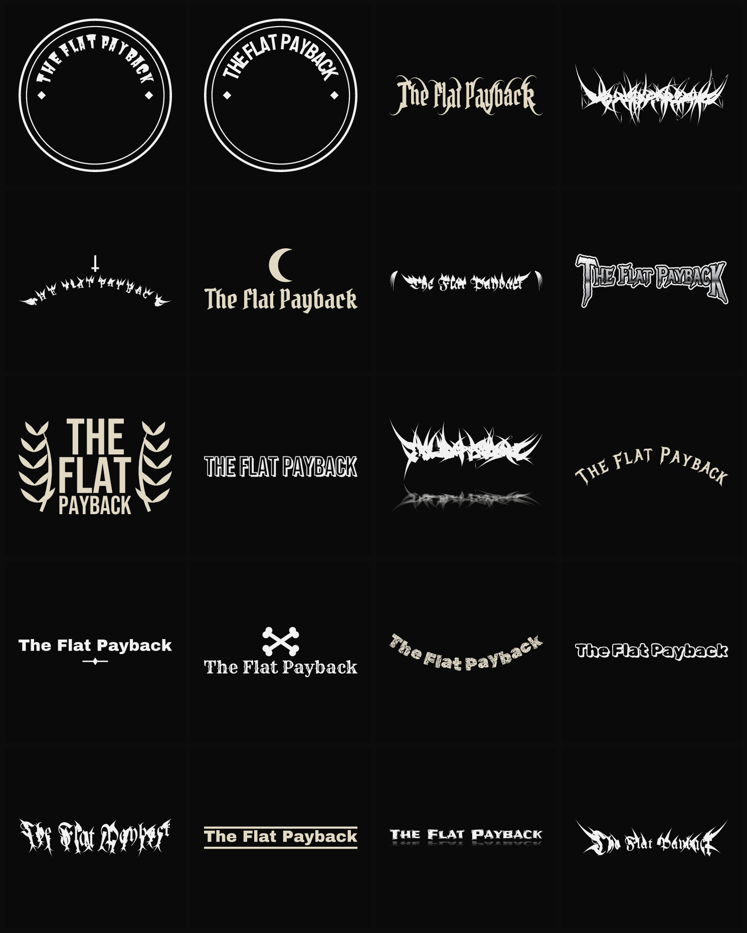 Twenty The Flat Payback band logo ideas — different faces, treatments and spike settings
