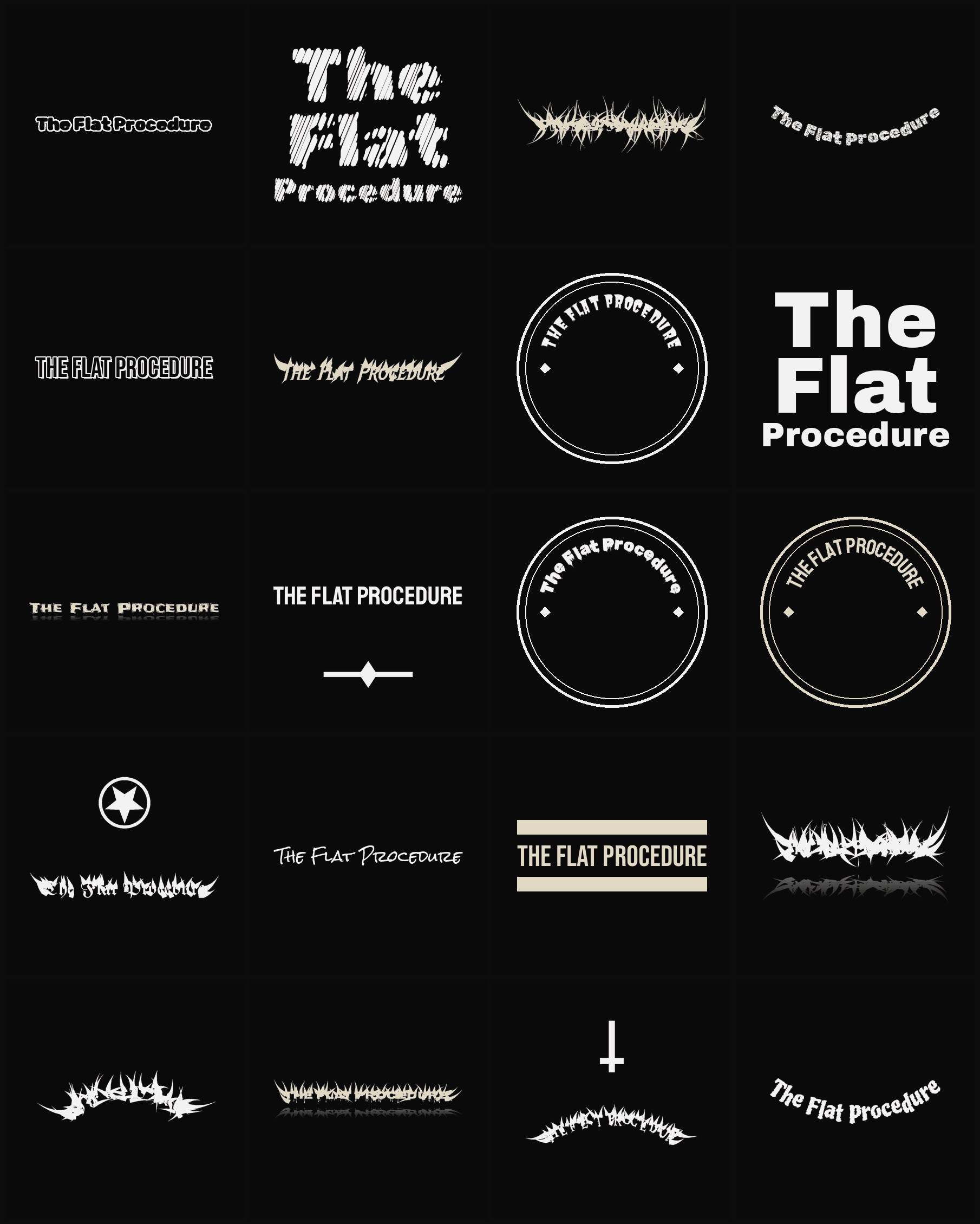Twenty The Flat Procedure band logo ideas — different faces, treatments and spike settings