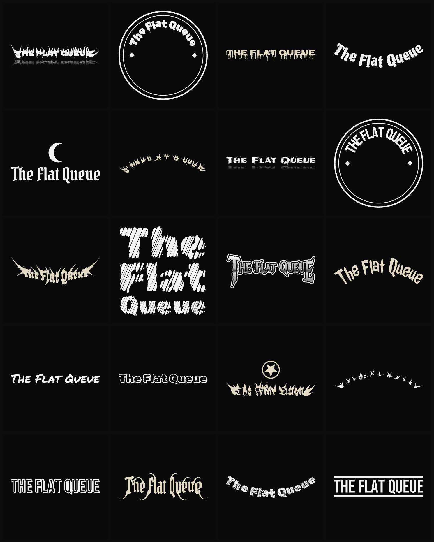 Twenty The Flat Queue band logo ideas — different faces, treatments and spike settings