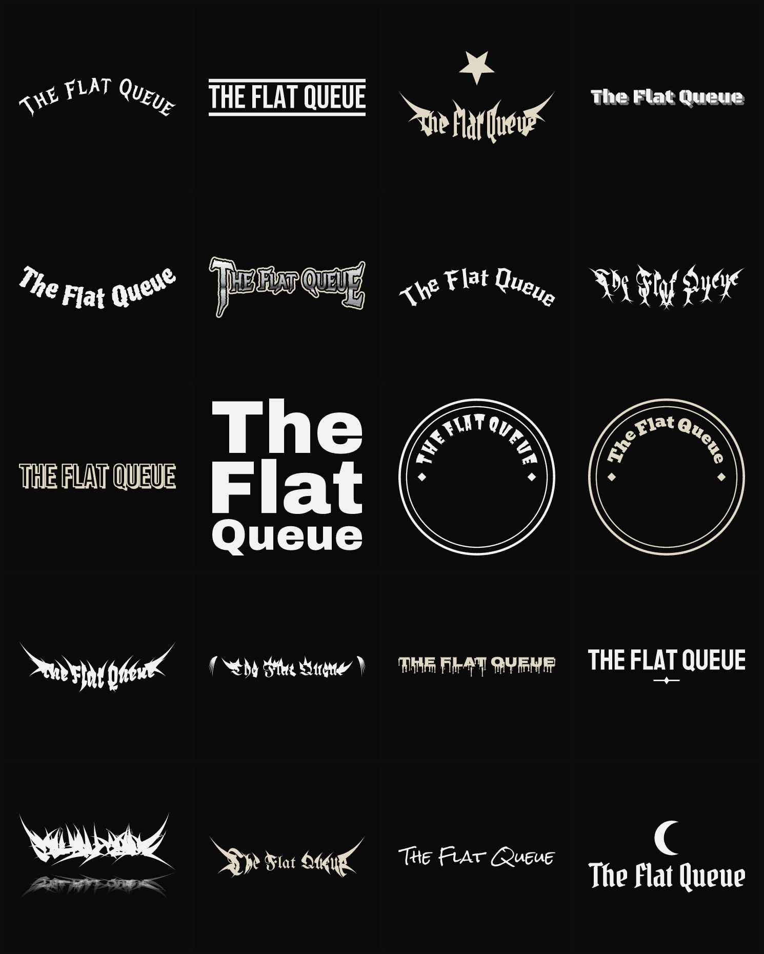 Twenty The Flat Queue band logo ideas — different faces, treatments and spike settings