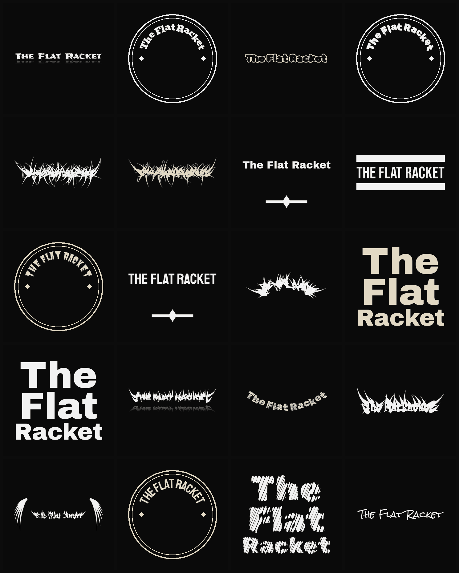 Twenty The Flat Racket band logo ideas — different faces, treatments and spike settings