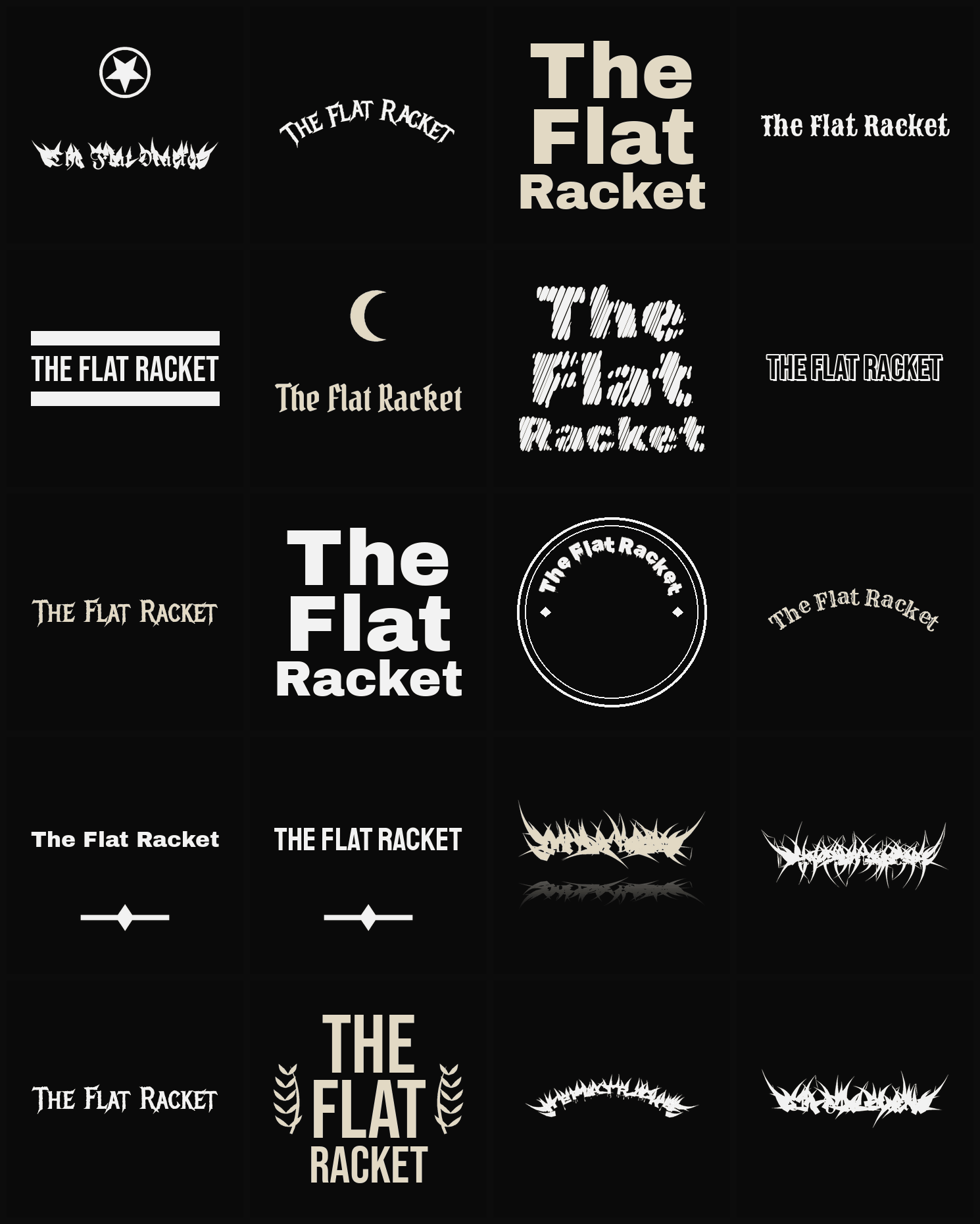 Twenty The Flat Racket band logo ideas — different faces, treatments and spike settings