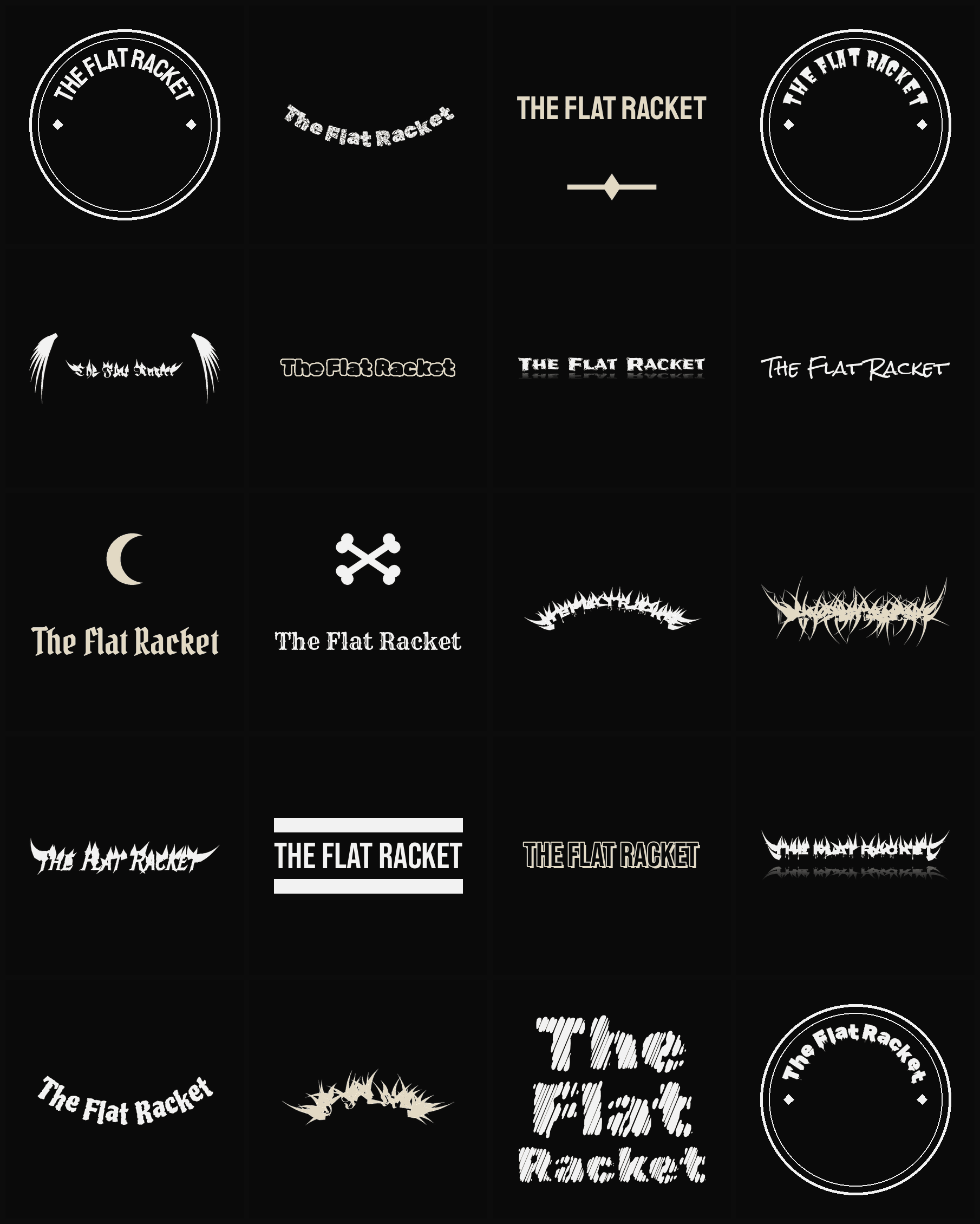 Twenty The Flat Racket band logo ideas — different faces, treatments and spike settings